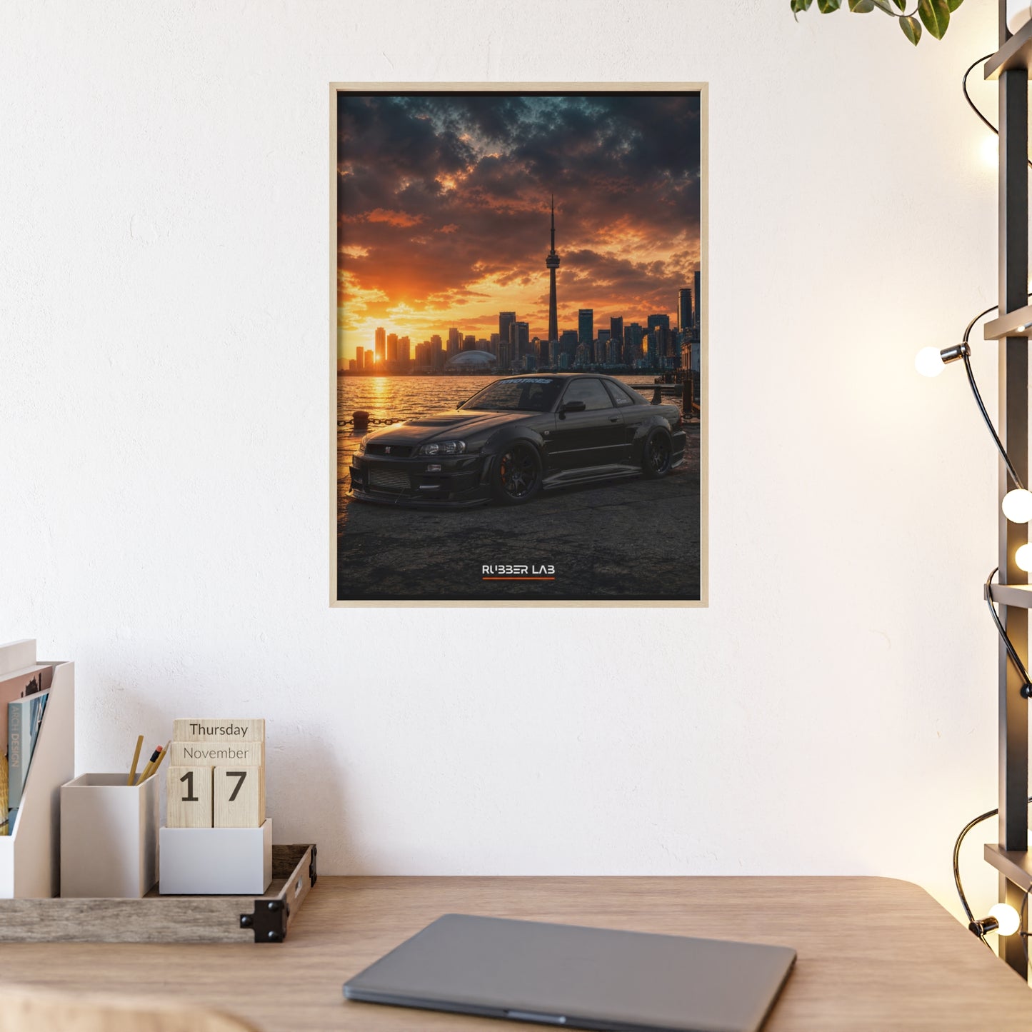 Sunset Skyline Sports Car Poster with Wooden Frame