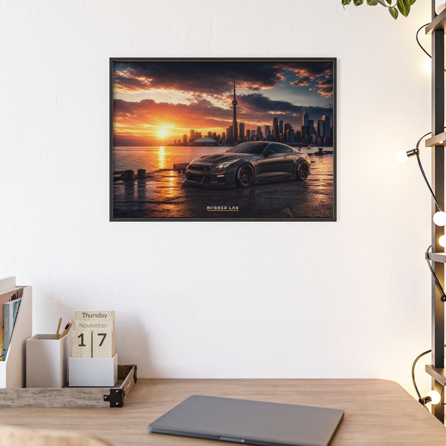 Sunset Skyline Sports Car Poster with Wooden Frame