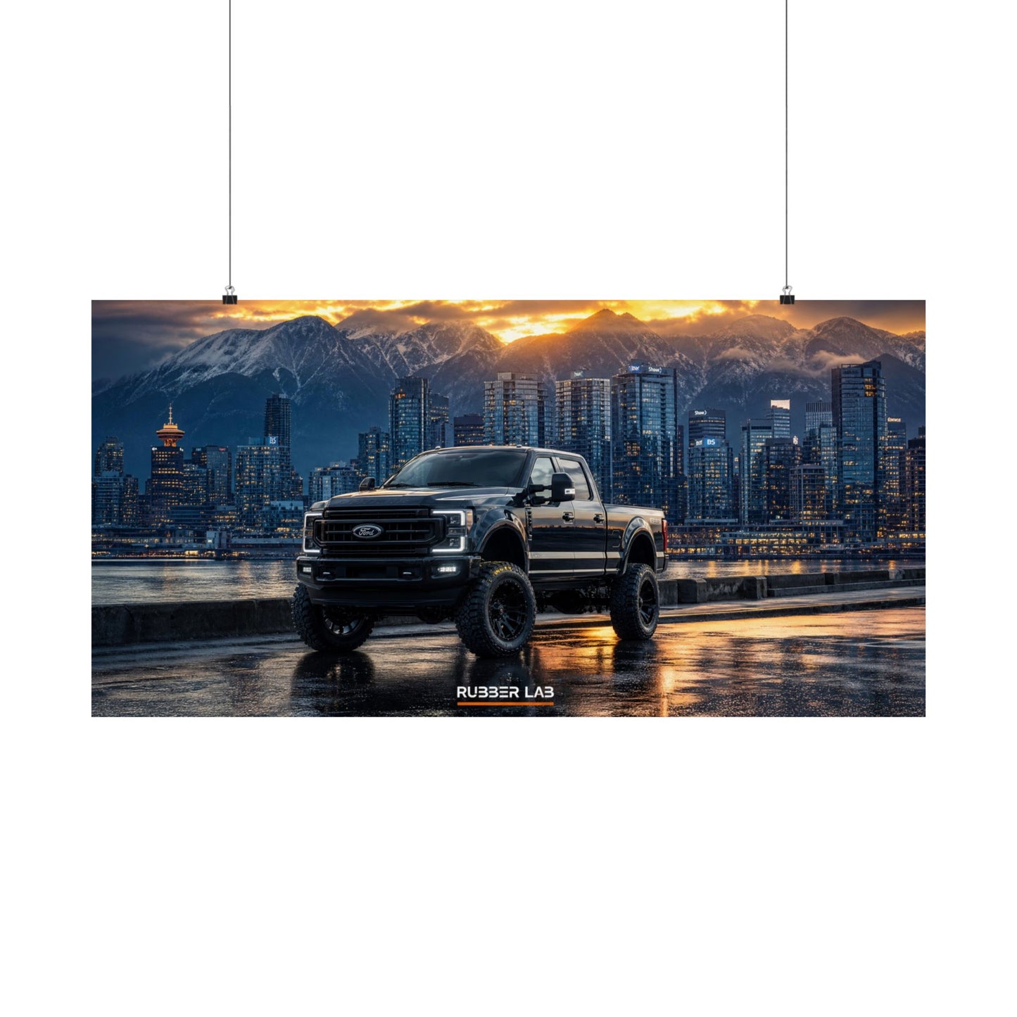Lifted Black Pickup Truck Poster — Matte Horizontal Automotive Wall Art (Sunset Cityscape)