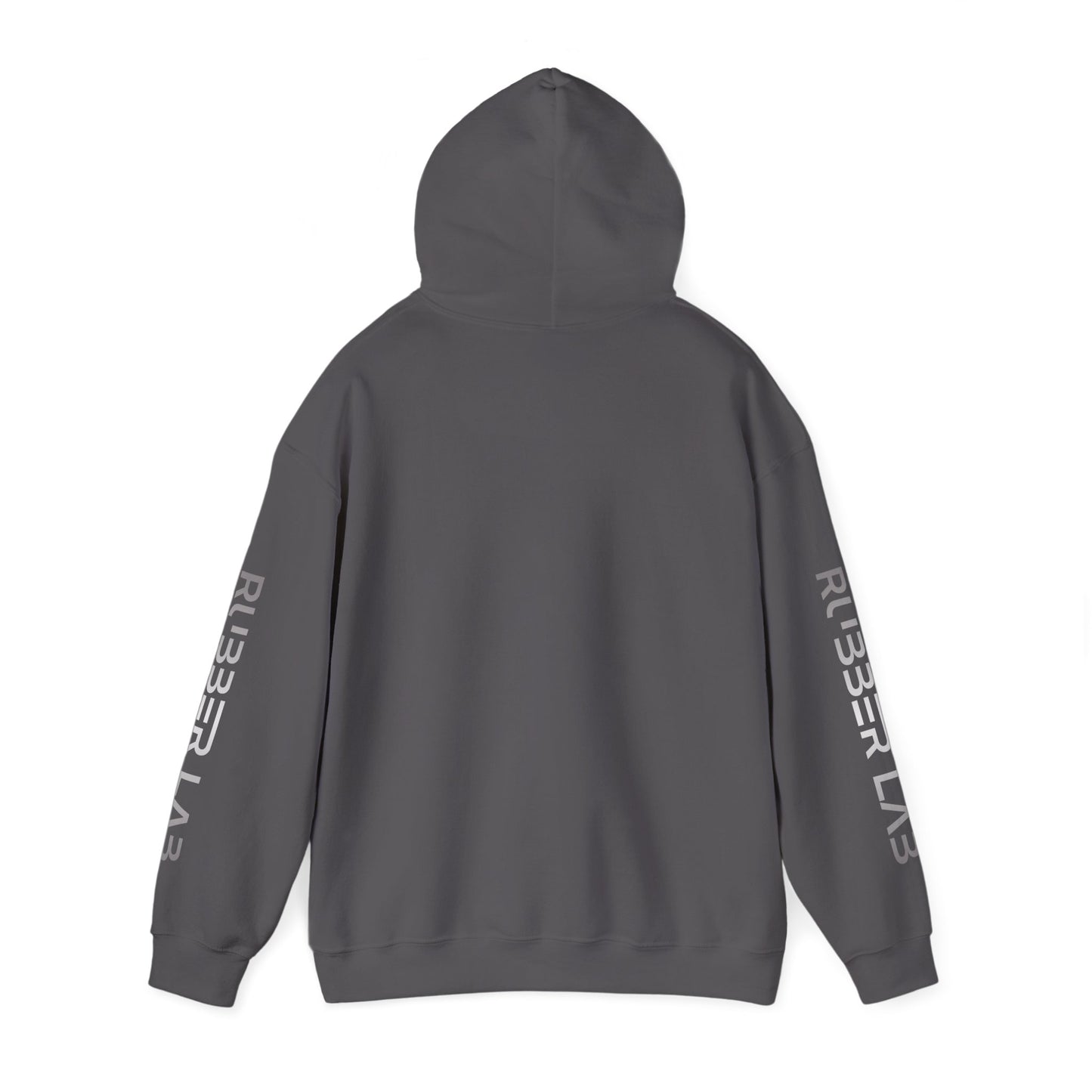 Rubber Lab Logo Hoodie — Minimalist White Graphic Pullover with Sleeve Branding