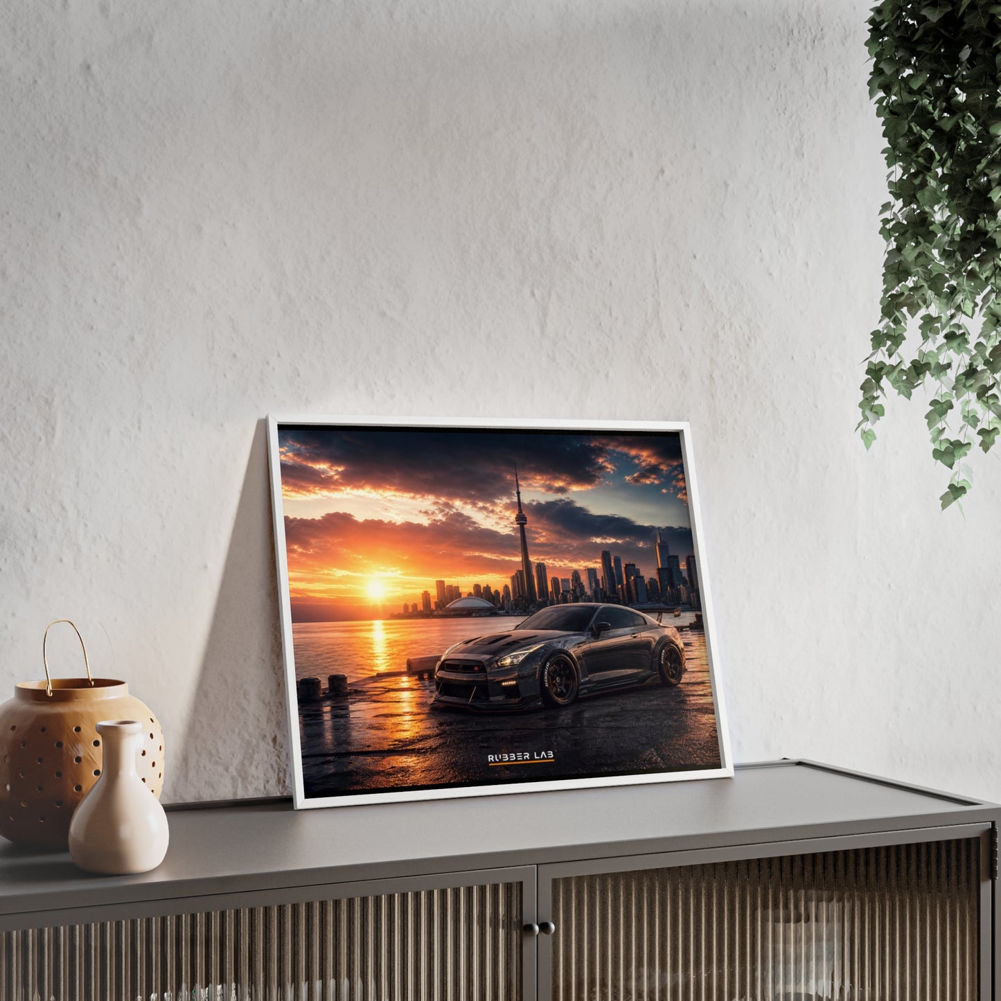 Sunset Skyline Sports Car Poster with Wooden Frame