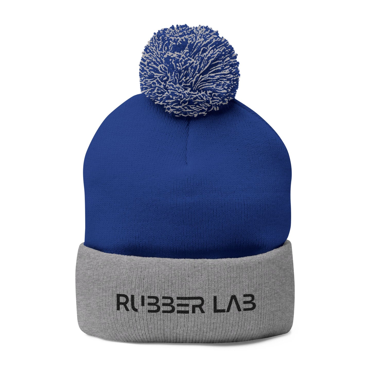 Embroidered Pom-Pom Knit Cap — Cozy Grey Beanie with 'RUBBER LAB' Logo