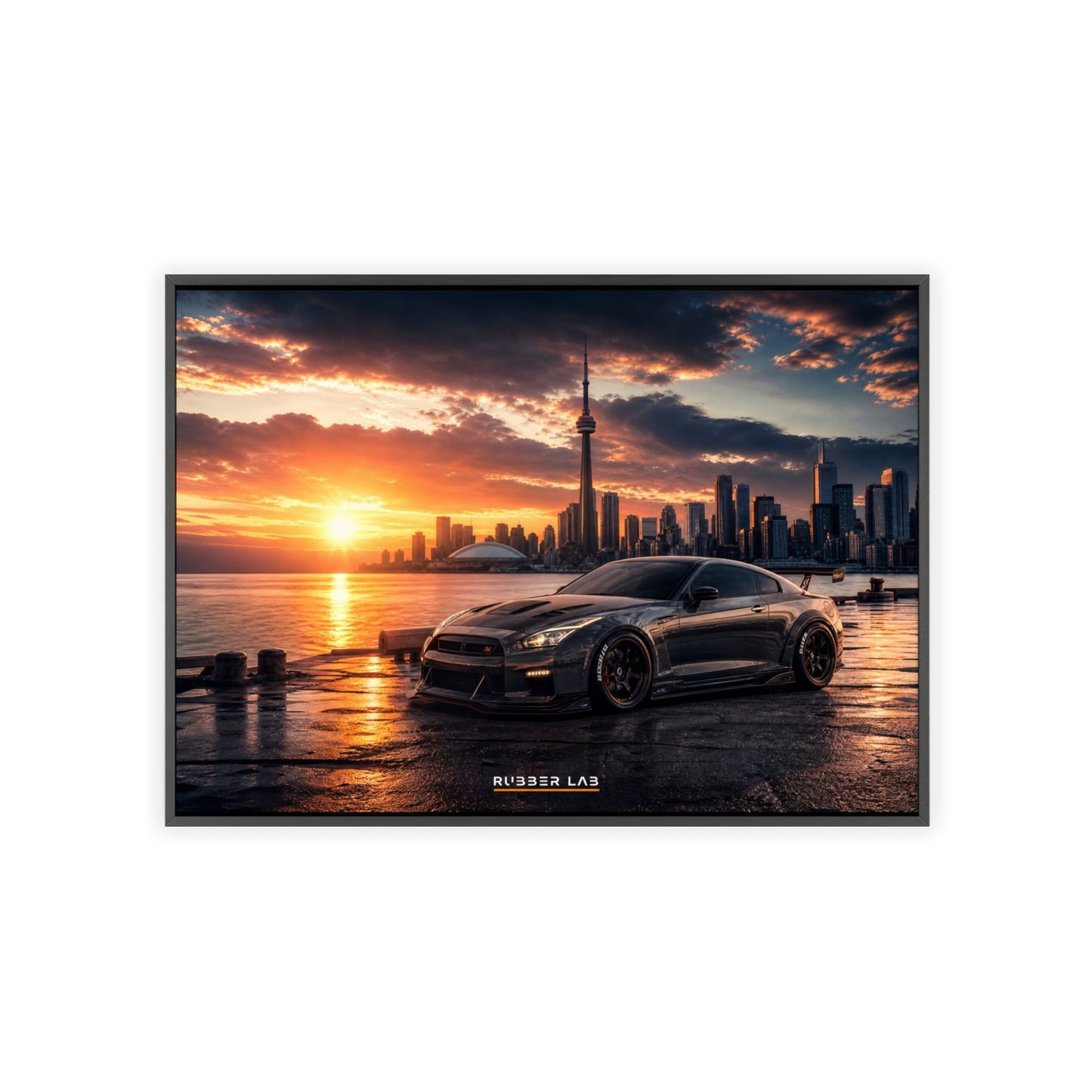 Sunset Skyline Sports Car Poster with Wooden Frame