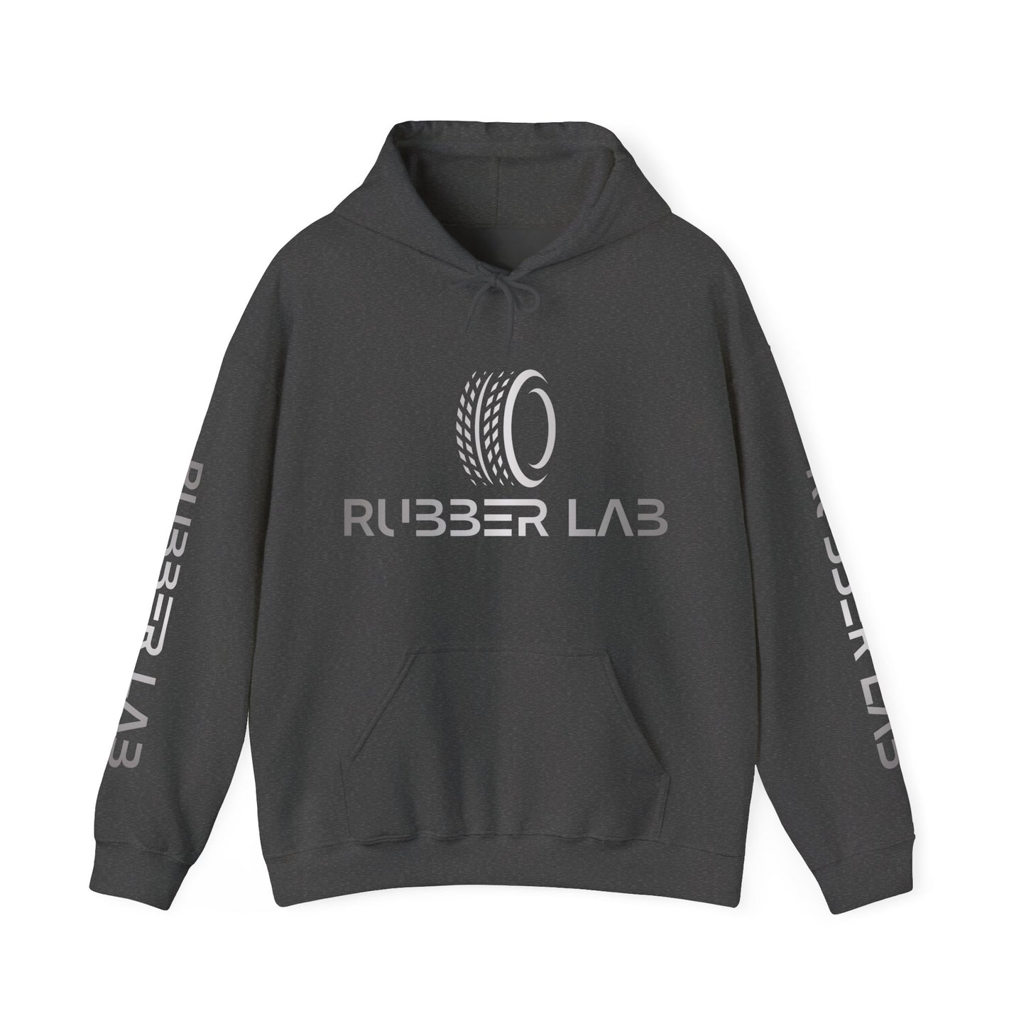 Rubber Lab Logo Hoodie — Minimalist White Graphic Pullover with Sleeve Branding