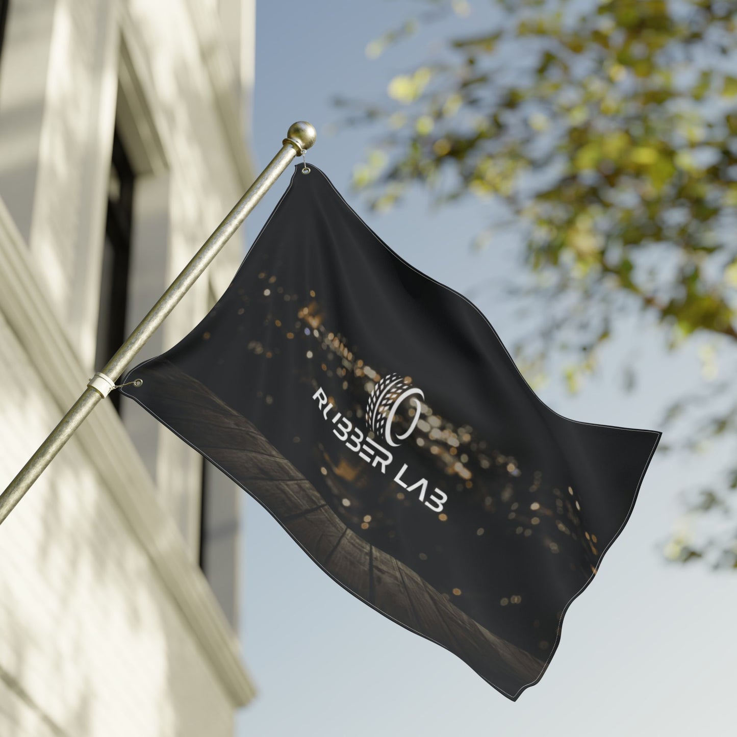 Double-Sided Logo Flag — Rubber Lab Night Skyline Outdoor Banner