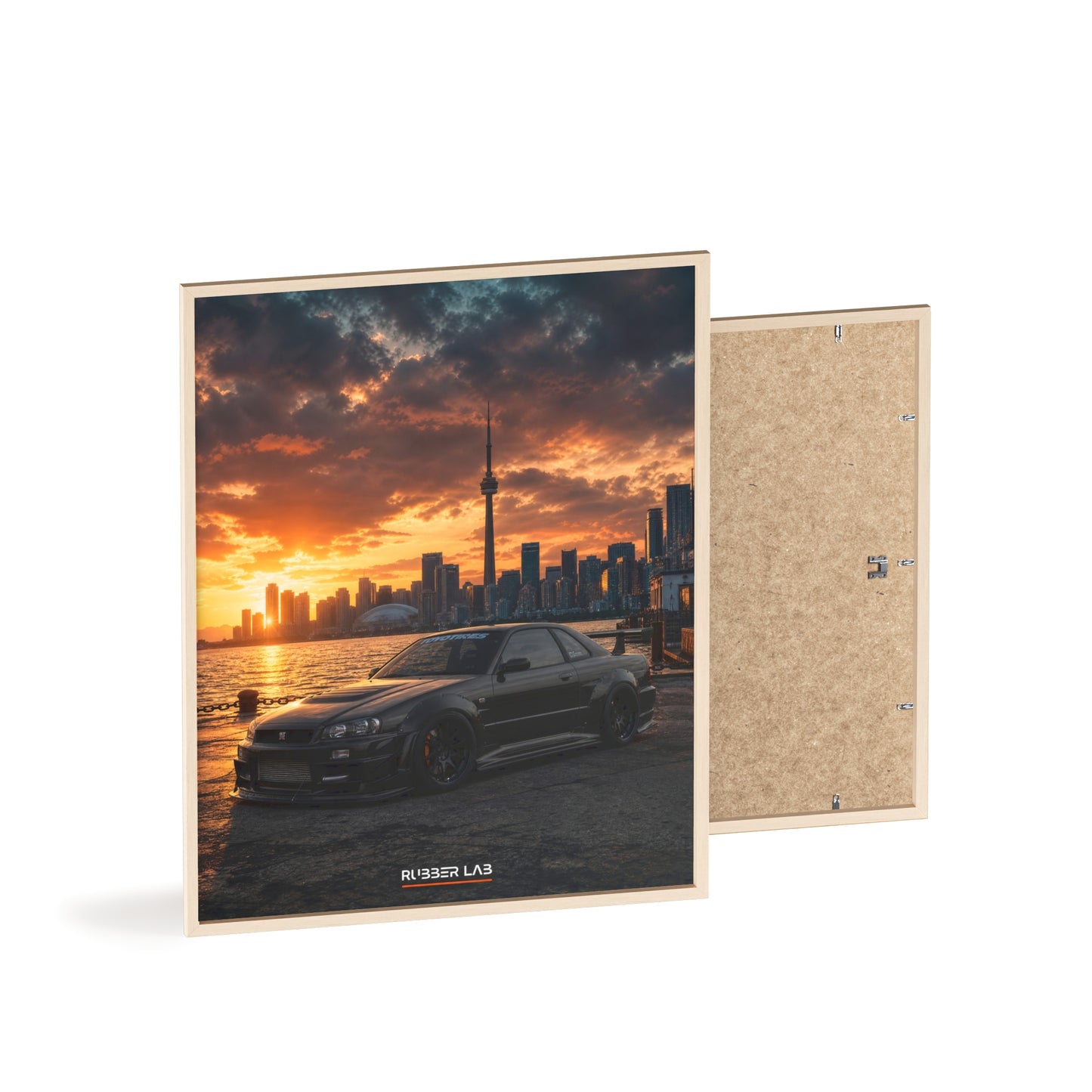 Sunset Skyline Sports Car Poster with Wooden Frame