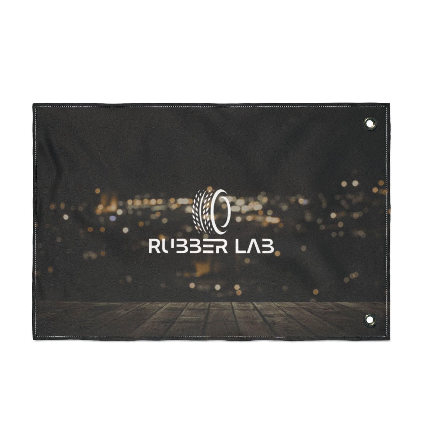 Double-Sided Logo Flag — Rubber Lab Night Skyline Outdoor Banner
