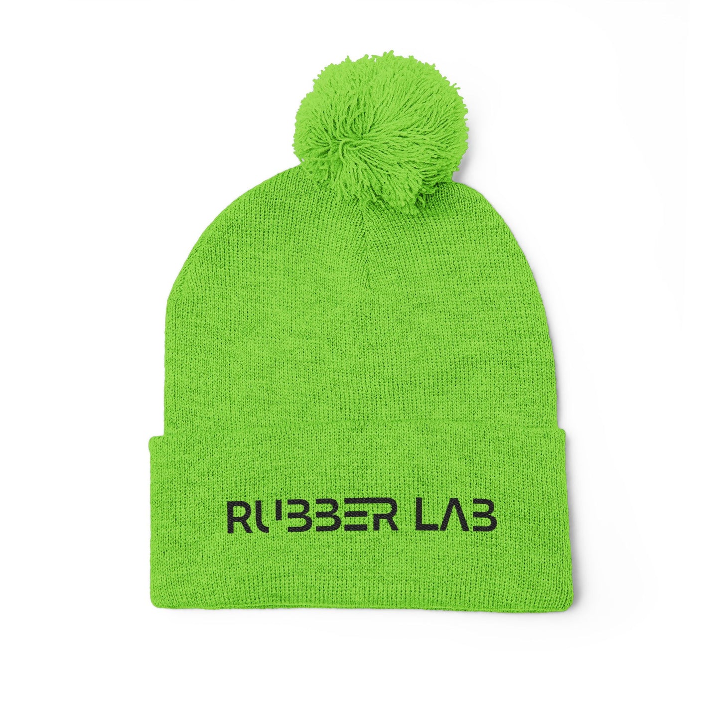 Embroidered Pom-Pom Knit Cap — Cozy Grey Beanie with 'RUBBER LAB' Logo