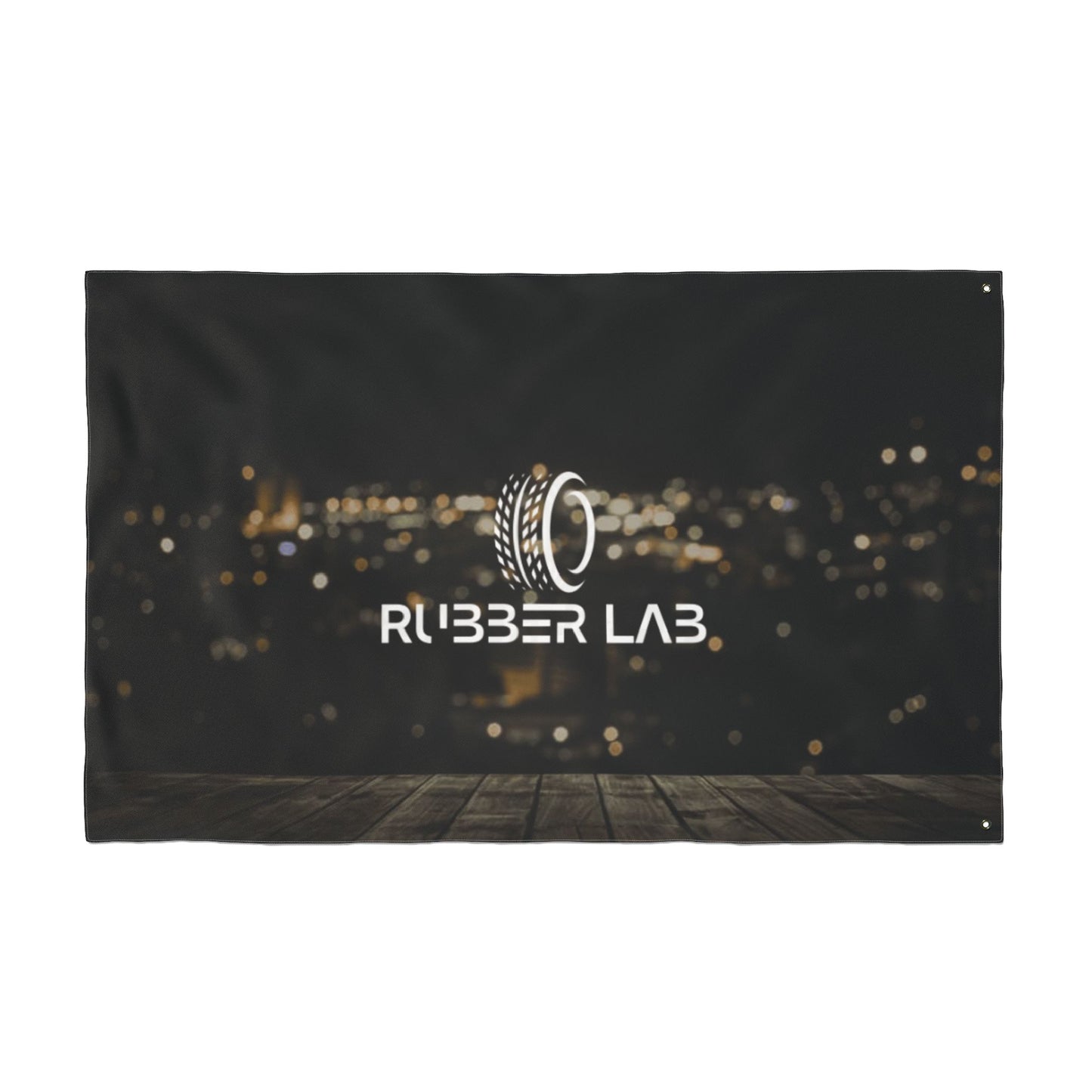 Double-Sided Logo Flag — Rubber Lab Night Skyline Outdoor Banner