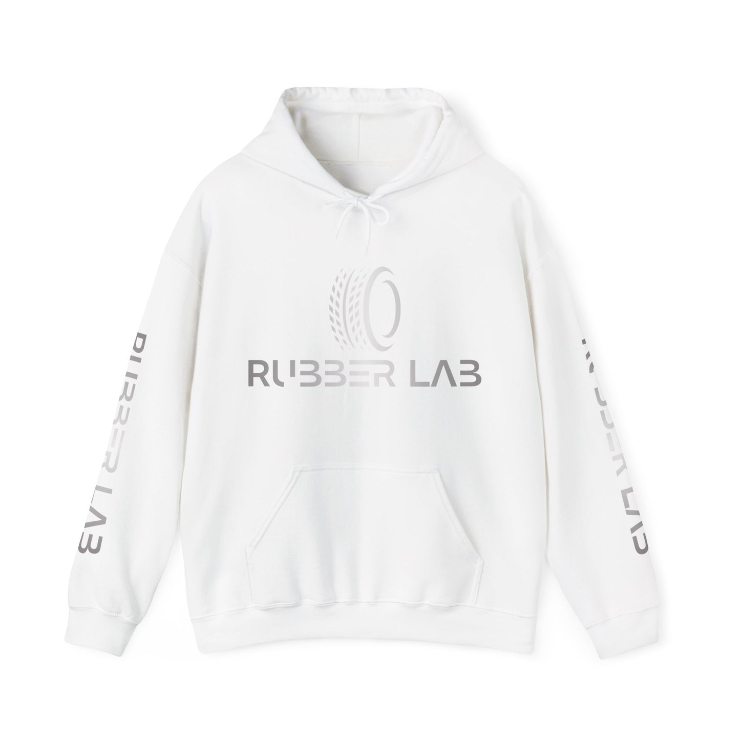 Rubber Lab Logo Hoodie — Minimalist White Graphic Pullover with Sleeve Branding