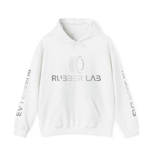 Rubber Lab Logo Hoodie — Minimalist White Graphic Pullover with Sleeve Branding