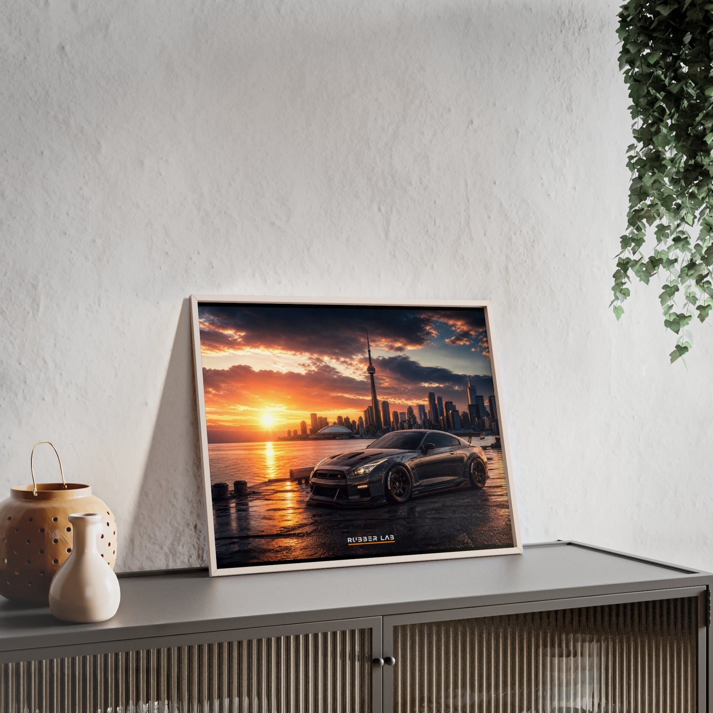 Sunset Skyline Sports Car Poster with Wooden Frame