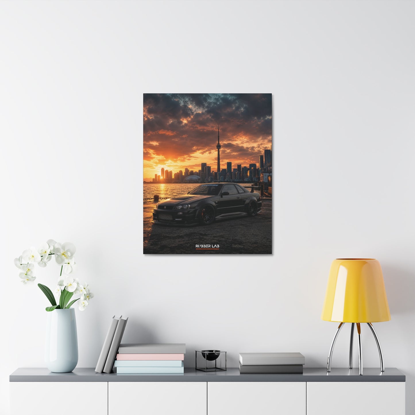 Sunset Skyline Nissan GT-R Canvas Print — Toronto Cityscape Car Wall Art