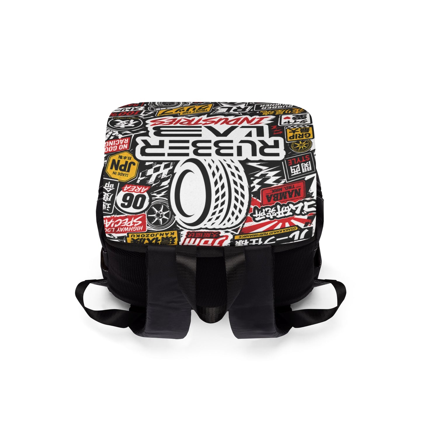 Rubber Lab Industries Graphic Backpack – Streetwear Sticker-Logo Travel Bag