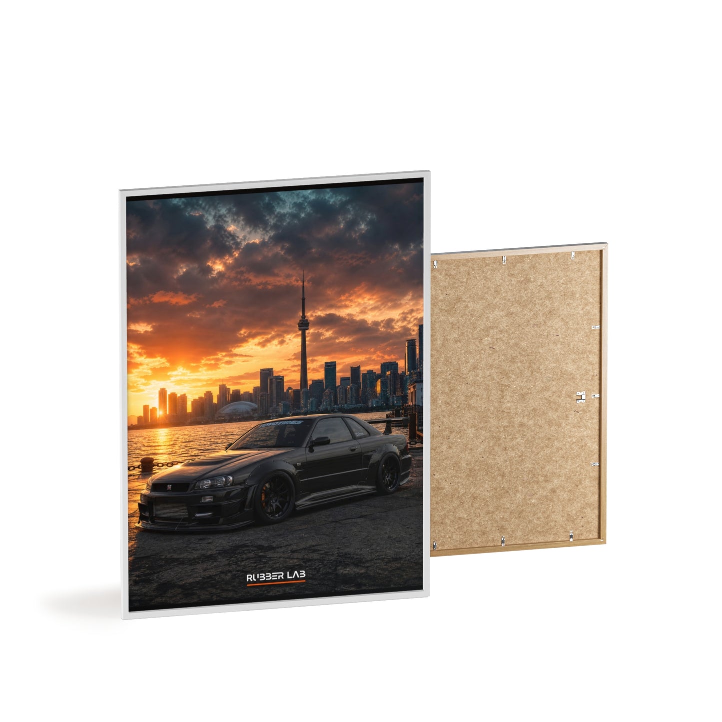 Sunset Skyline Sports Car Poster with Wooden Frame