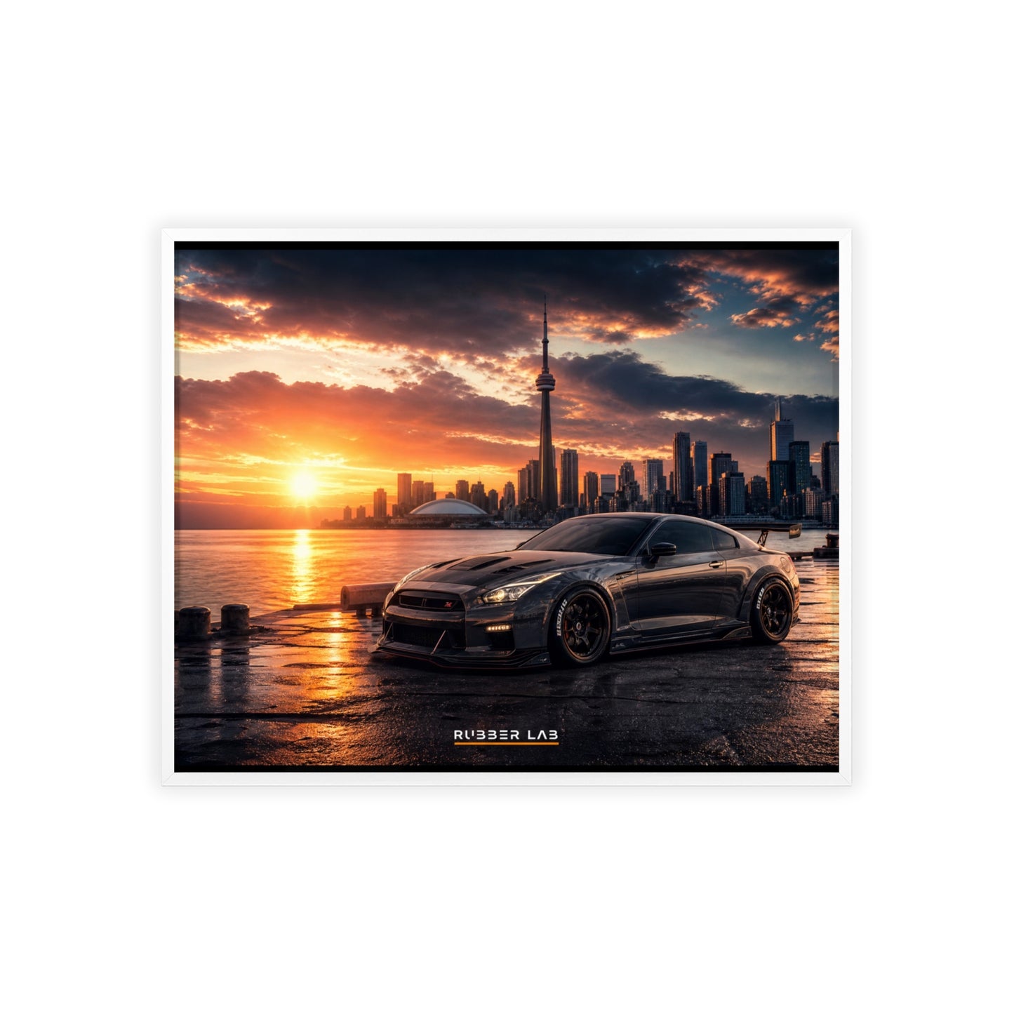 Sunset Skyline Sports Car Poster with Wooden Frame