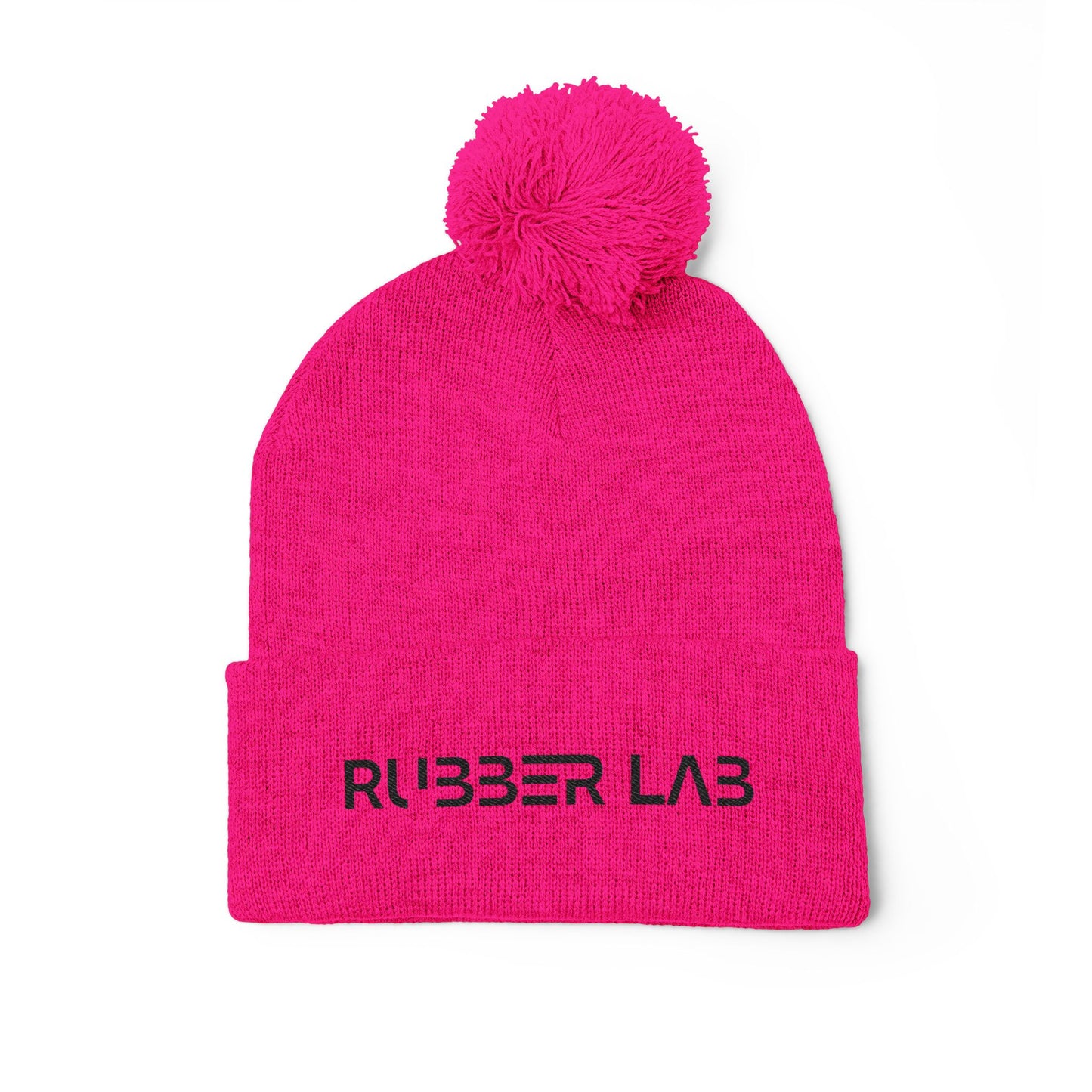 Embroidered Pom-Pom Knit Cap — Cozy Grey Beanie with 'RUBBER LAB' Logo