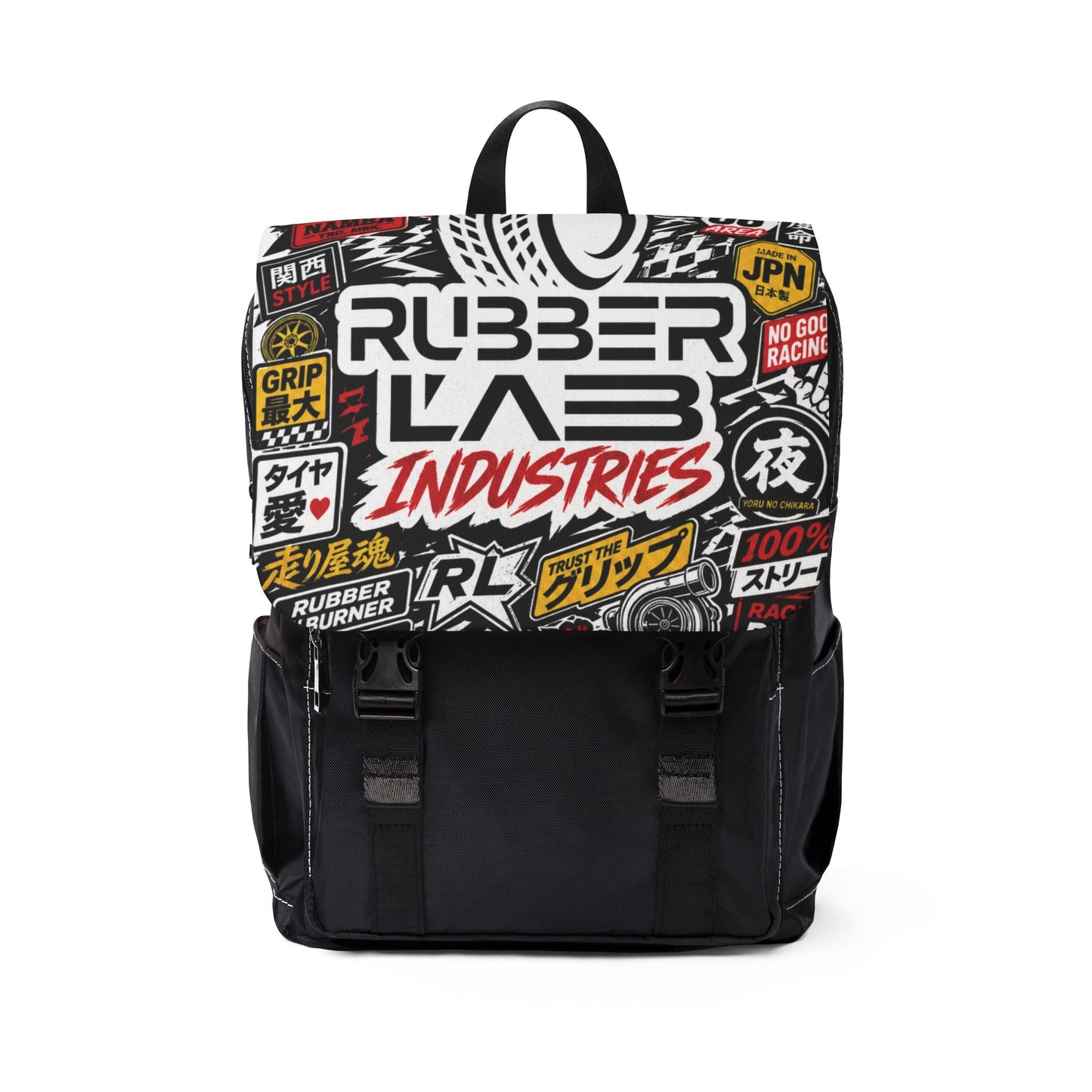 Rubber Lab Industries Graphic Backpack – Streetwear Sticker-Logo Travel Bag