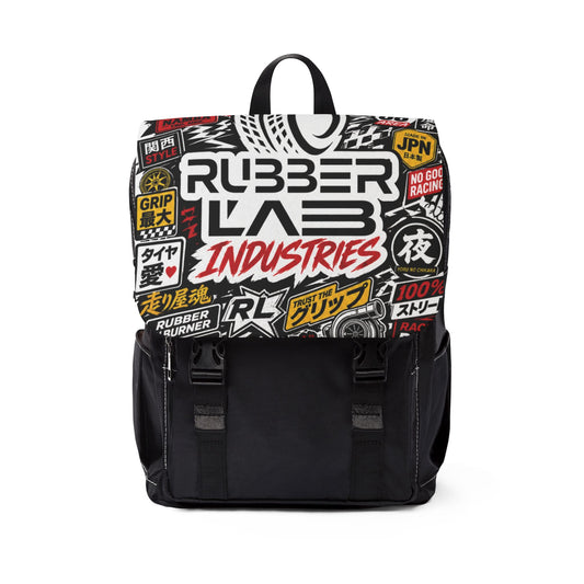 Rubber Lab Industries Graphic Backpack – Streetwear Sticker-Logo Travel Bag