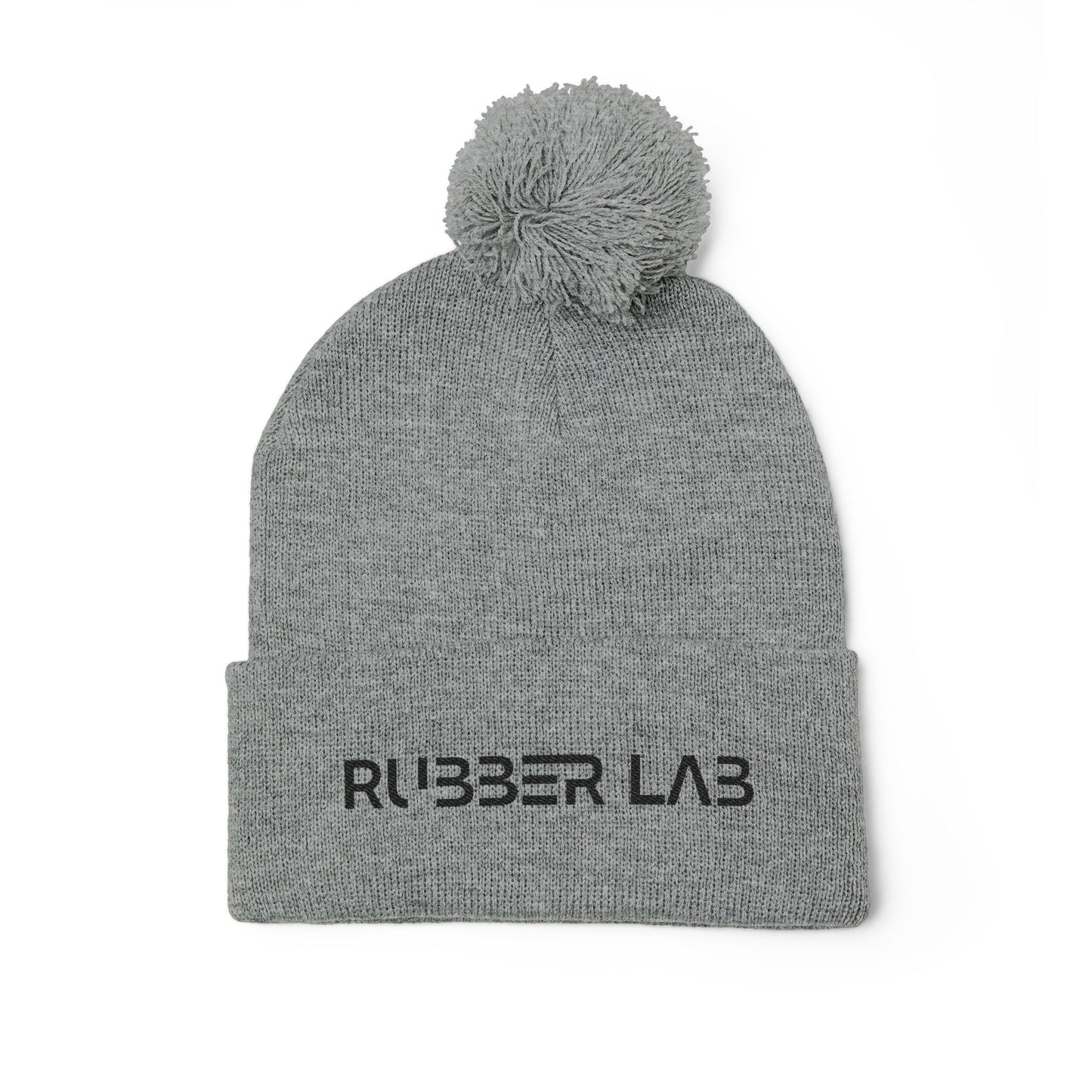 Embroidered Pom-Pom Knit Cap — Cozy Grey Beanie with 'RUBBER LAB' Logo