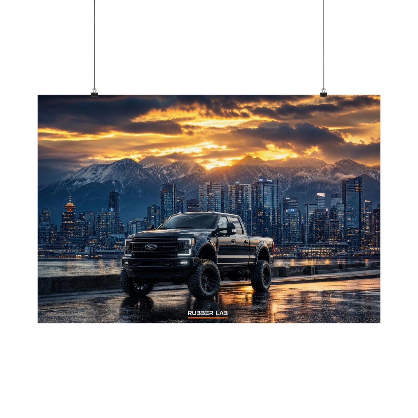 Lifted Black Pickup Truck Poster — Matte Horizontal Automotive Wall Art (Sunset Cityscape)