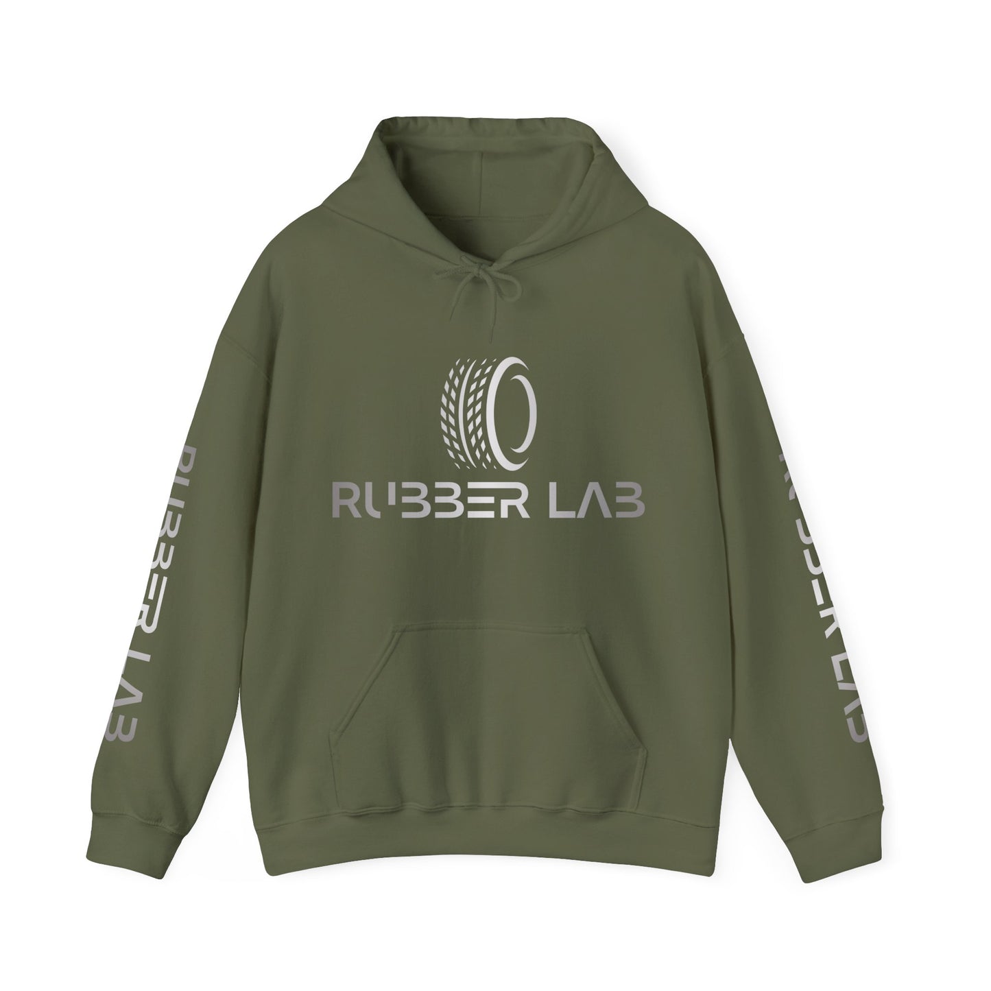 Rubber Lab Logo Hoodie — Minimalist White Graphic Pullover with Sleeve Branding