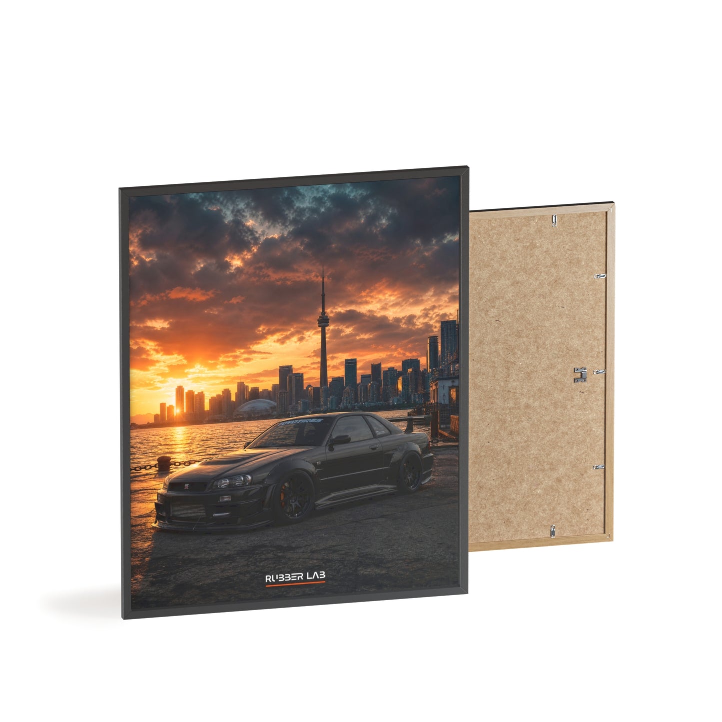 Sunset Skyline Sports Car Poster with Wooden Frame