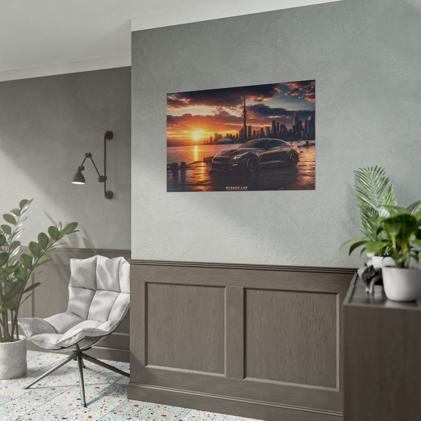 Sunset Skyline Sports Car Poster — Rolled Automotive Wall Art
