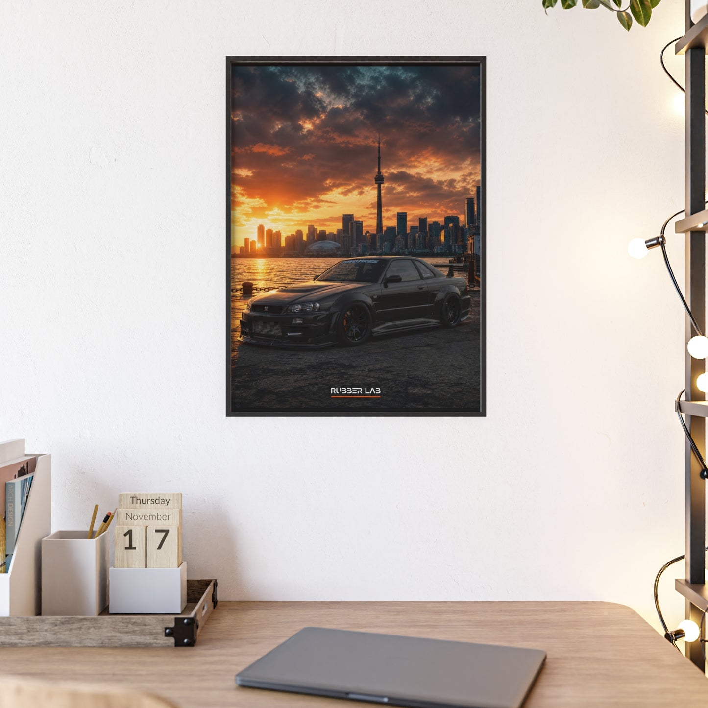 Sunset Skyline Sports Car Poster with Wooden Frame