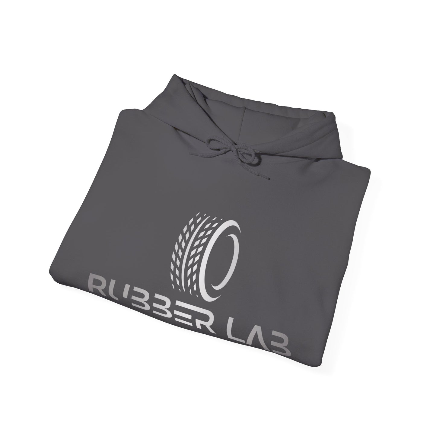 Rubber Lab Logo Hoodie — Minimalist White Graphic Pullover with Sleeve Branding