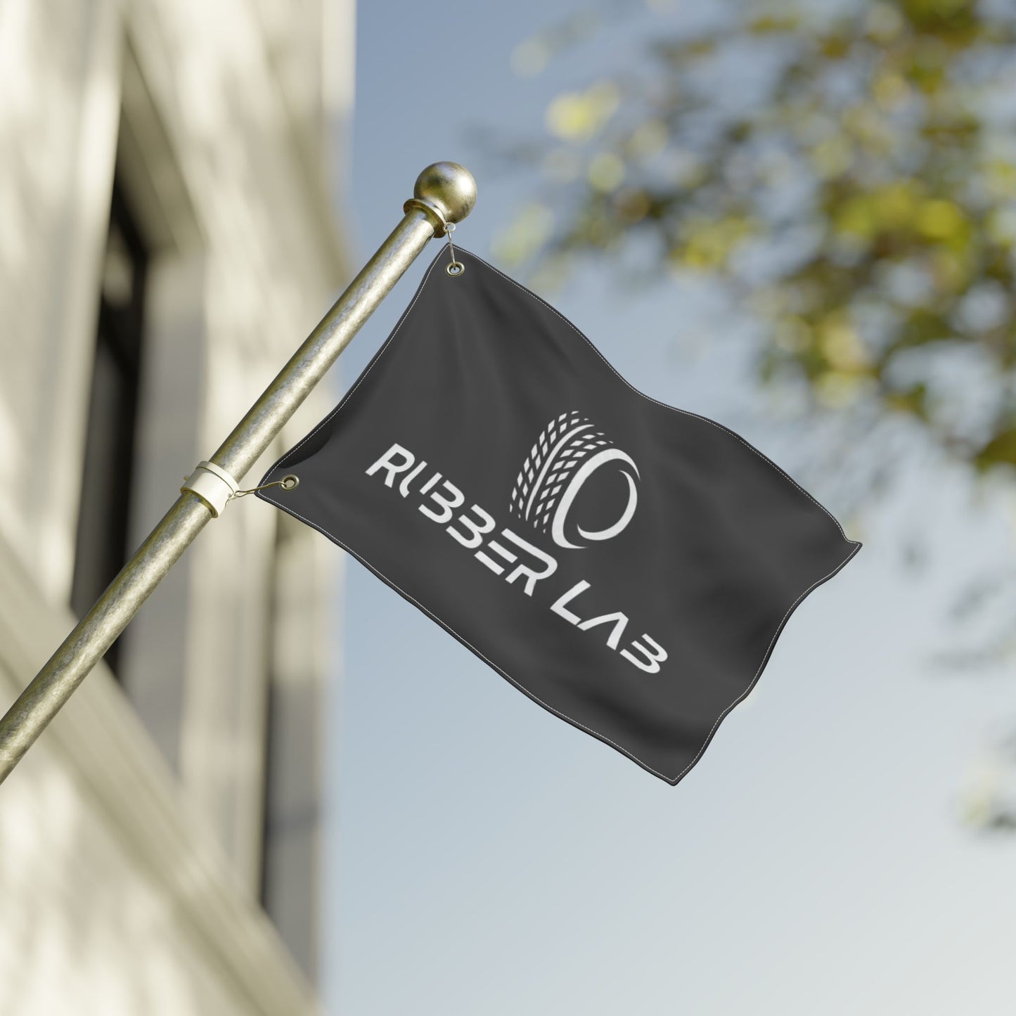 Garage Flag – Double-Sided 'Rubber Lab' Tire Logo Banner