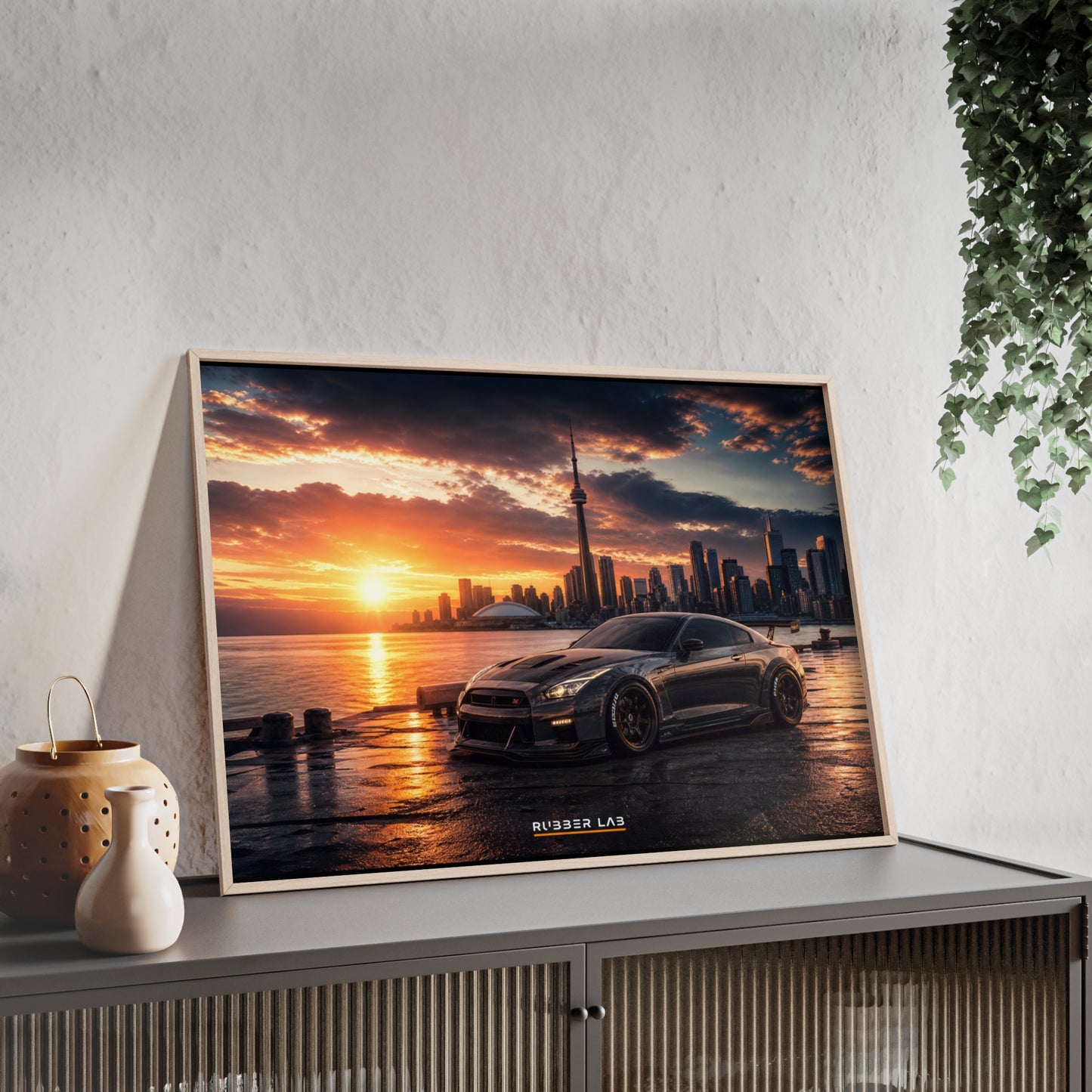 Sunset Skyline Sports Car Poster with Wooden Frame