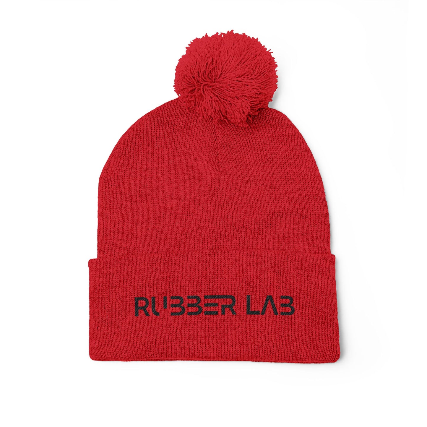 Embroidered Pom-Pom Knit Cap — Cozy Grey Beanie with 'RUBBER LAB' Logo