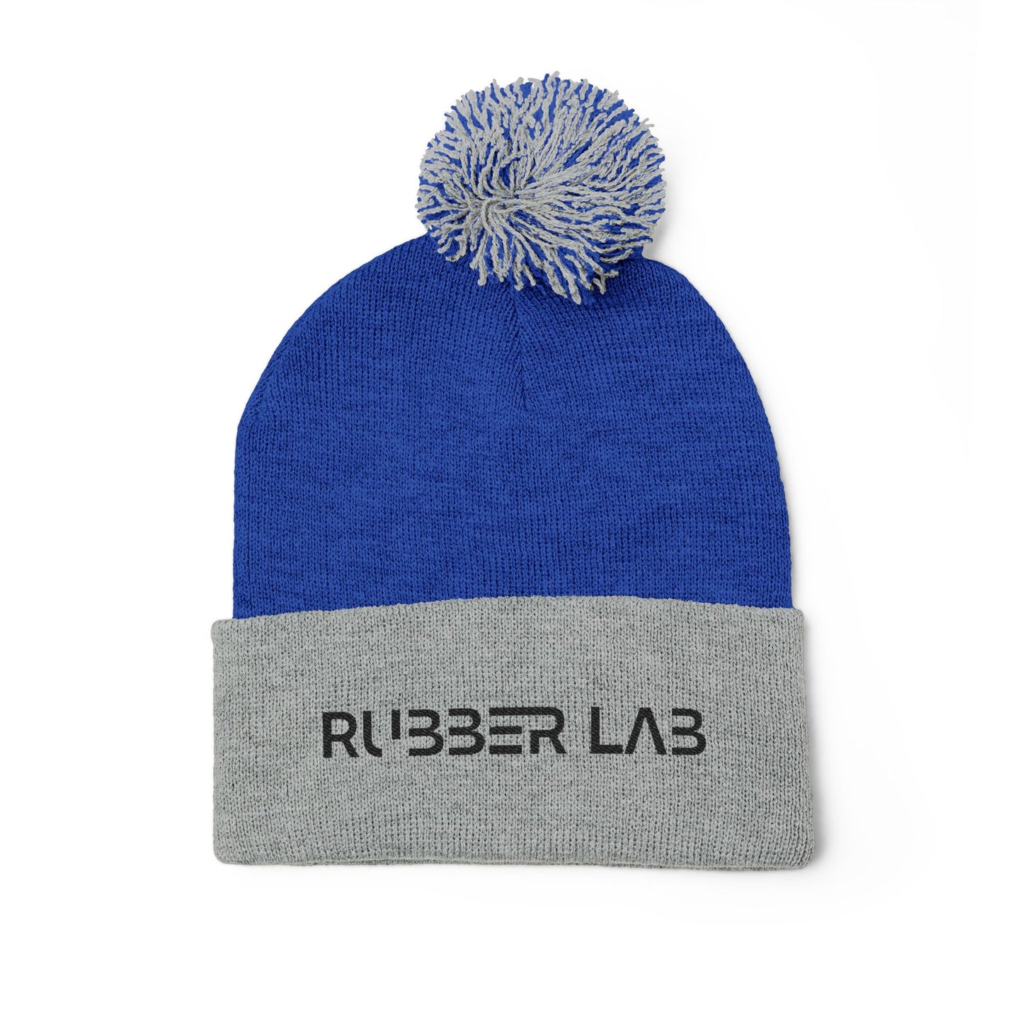 Embroidered Pom-Pom Knit Cap — Cozy Grey Beanie with 'RUBBER LAB' Logo