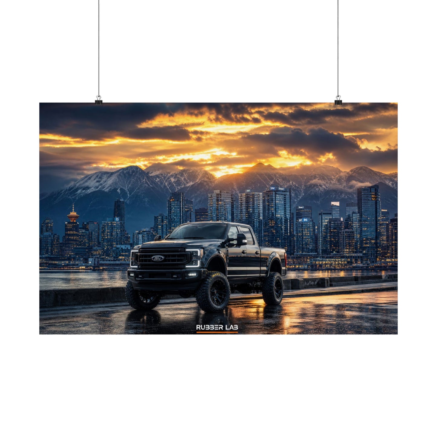 Lifted Black Pickup Truck Poster — Matte Horizontal Automotive Wall Art (Sunset Cityscape)