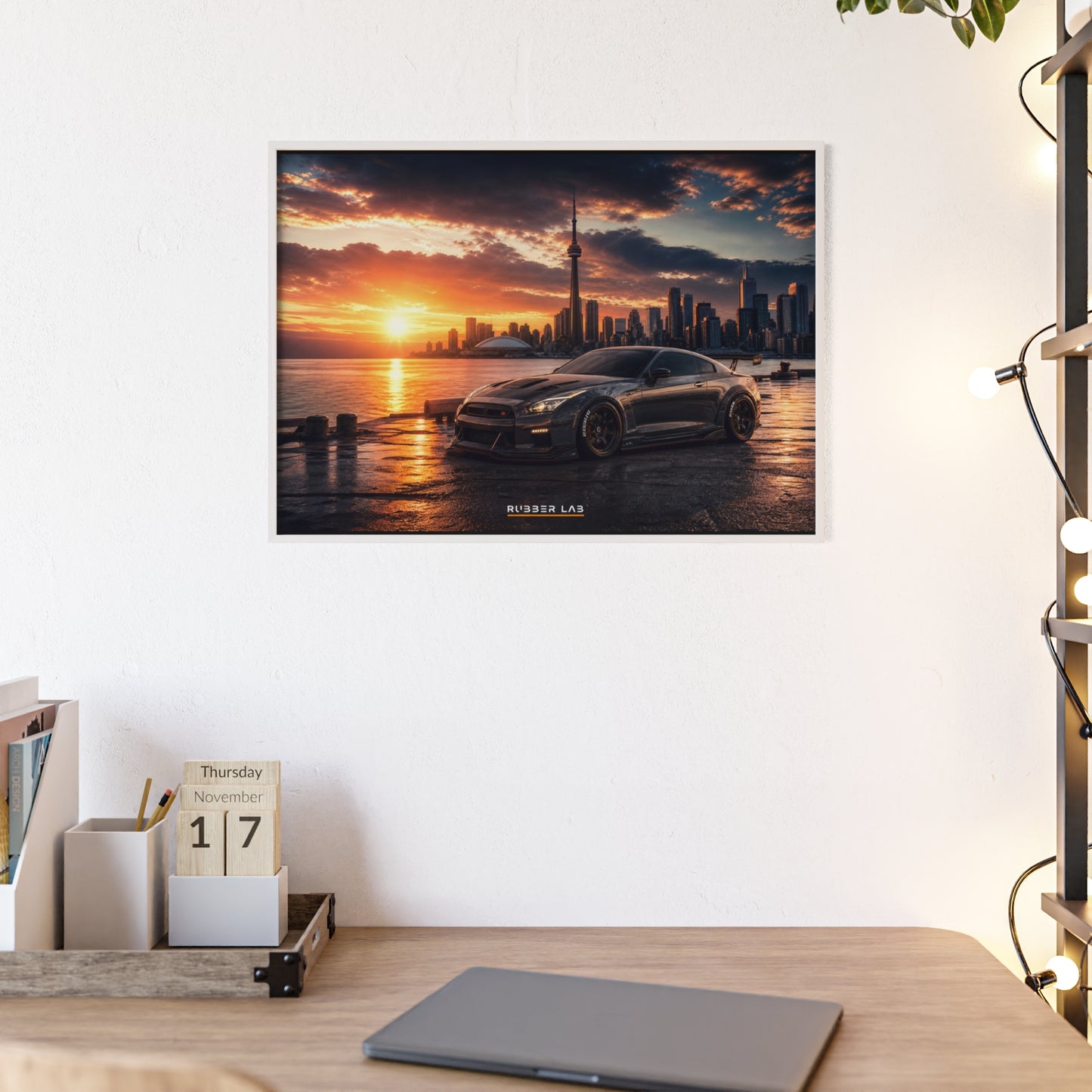 Sunset Skyline Sports Car Poster with Wooden Frame