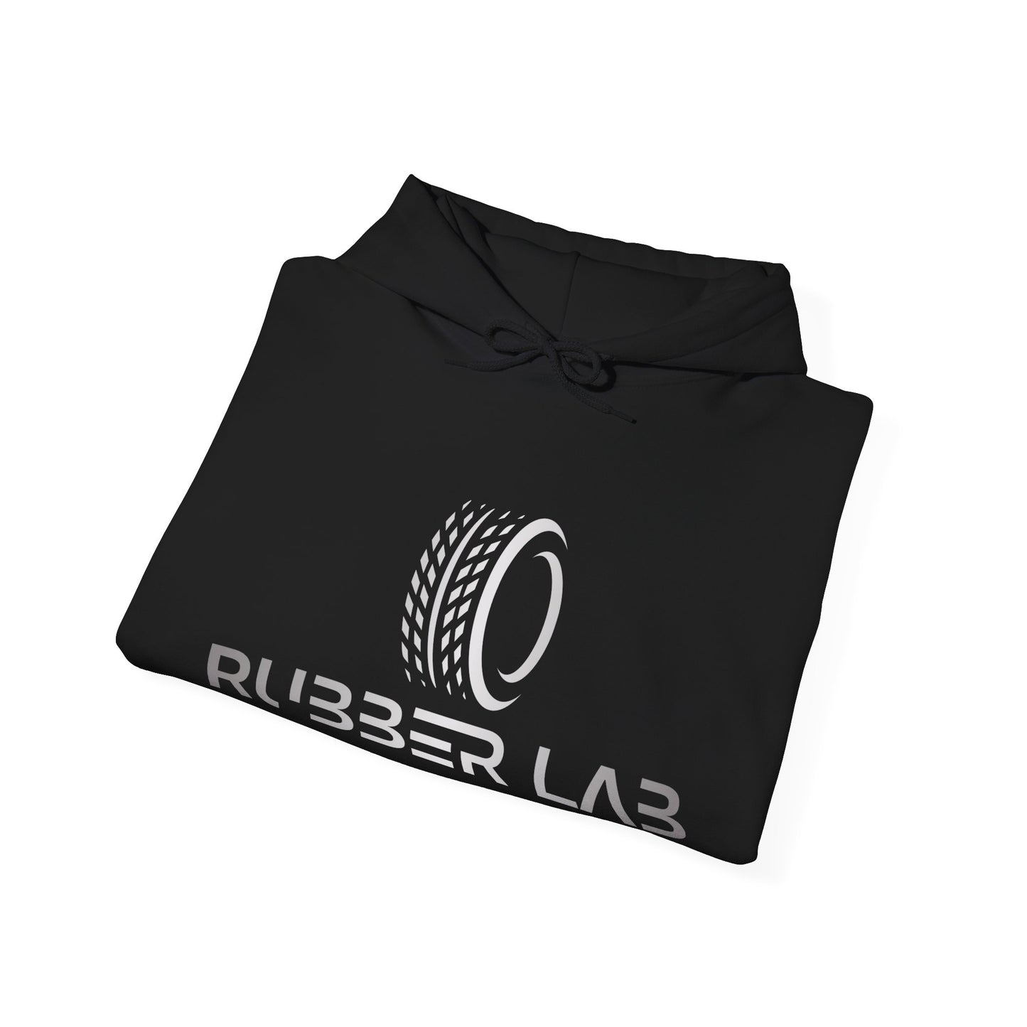 Rubber Lab Logo Hoodie — Minimalist White Graphic Pullover with Sleeve Branding