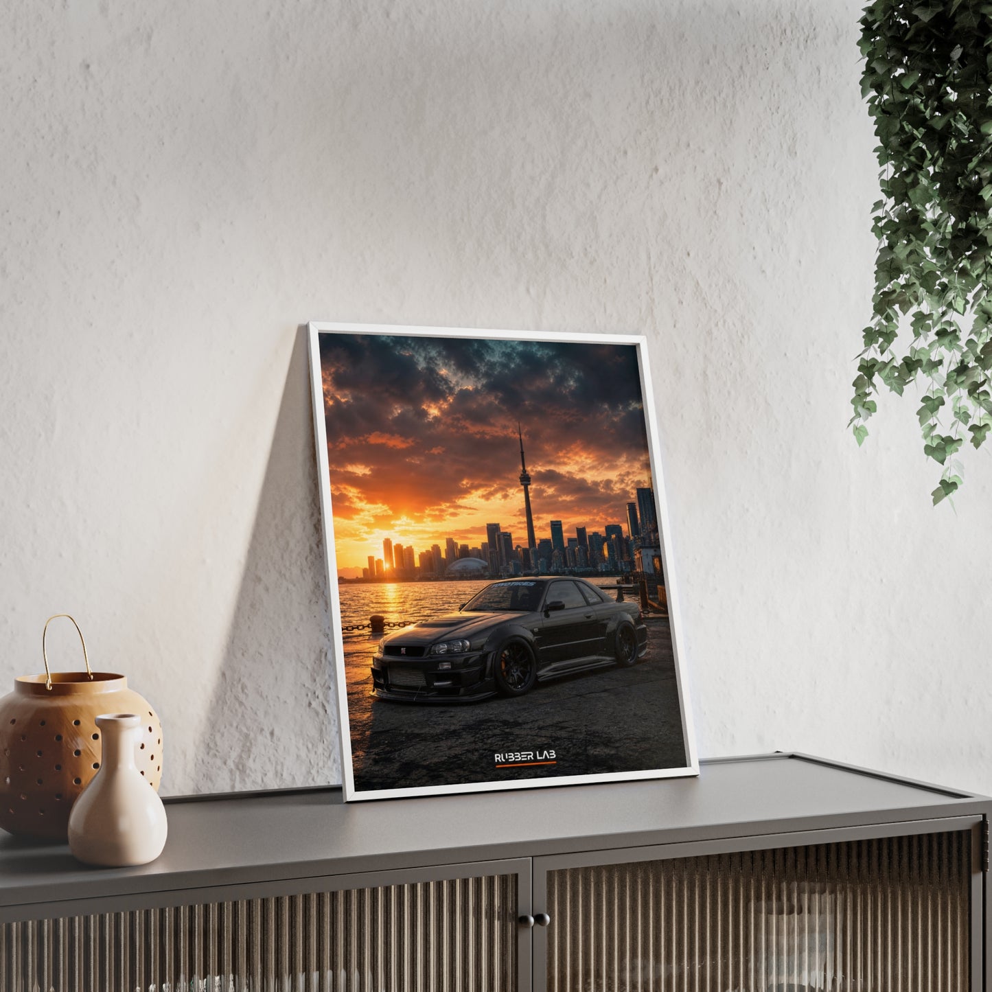 Sunset Skyline Sports Car Poster with Wooden Frame