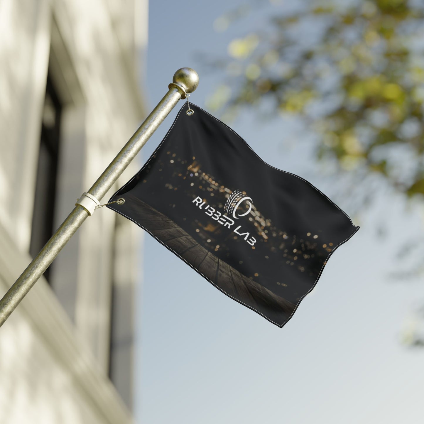 Double-Sided Logo Flag — Rubber Lab Night Skyline Outdoor Banner