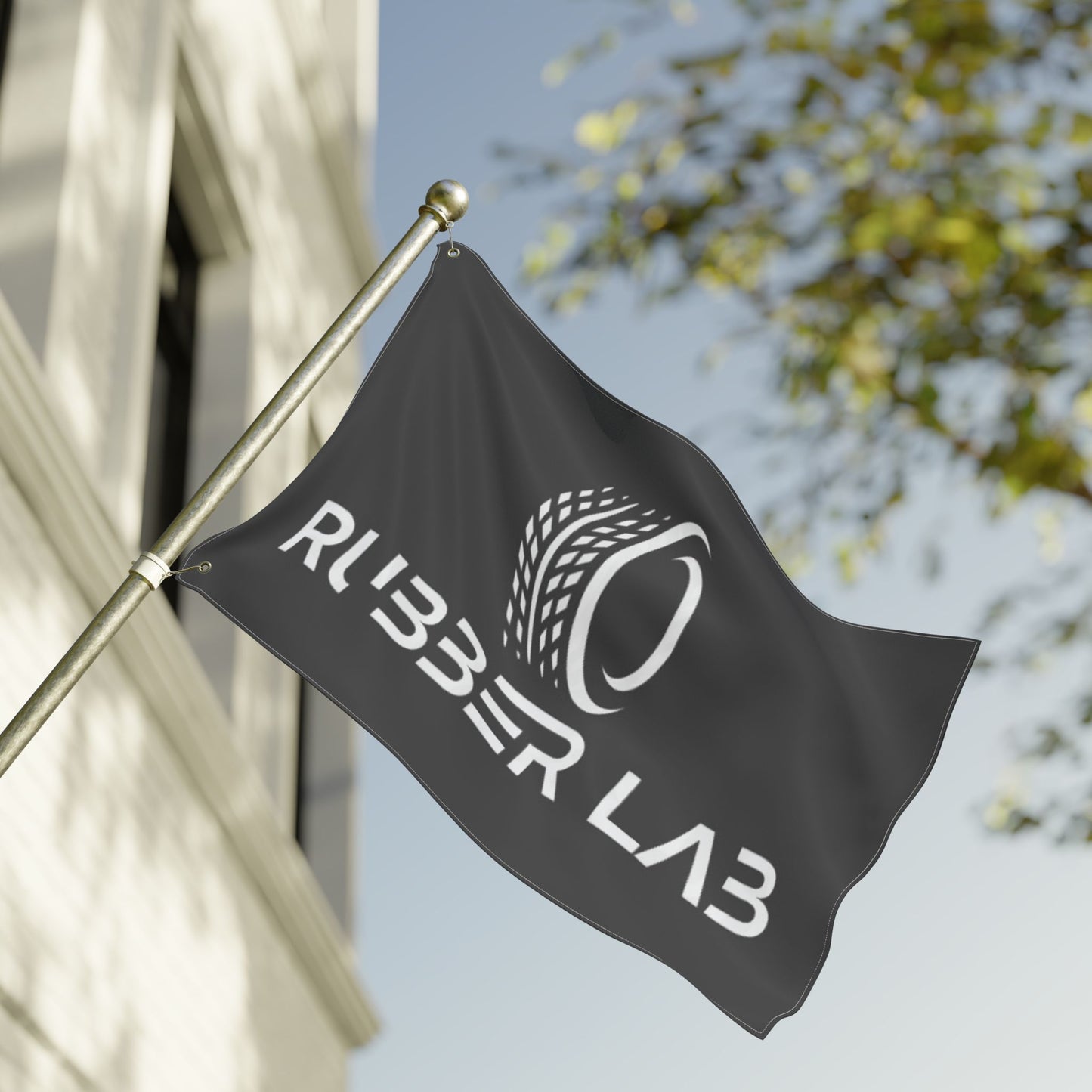 Garage Flag – Double-Sided 'Rubber Lab' Tire Logo Banner