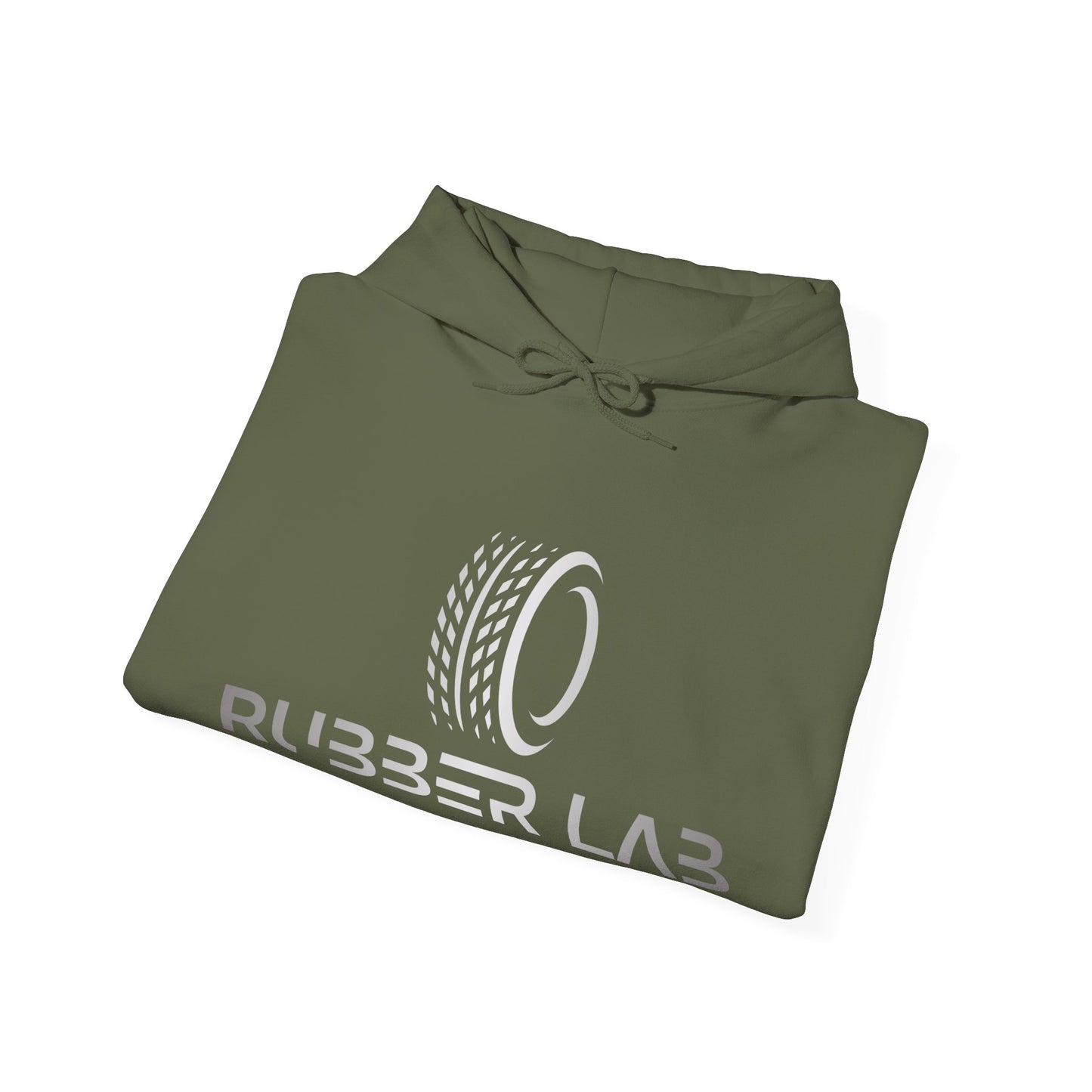 Rubber Lab Logo Hoodie — Minimalist White Graphic Pullover with Sleeve Branding