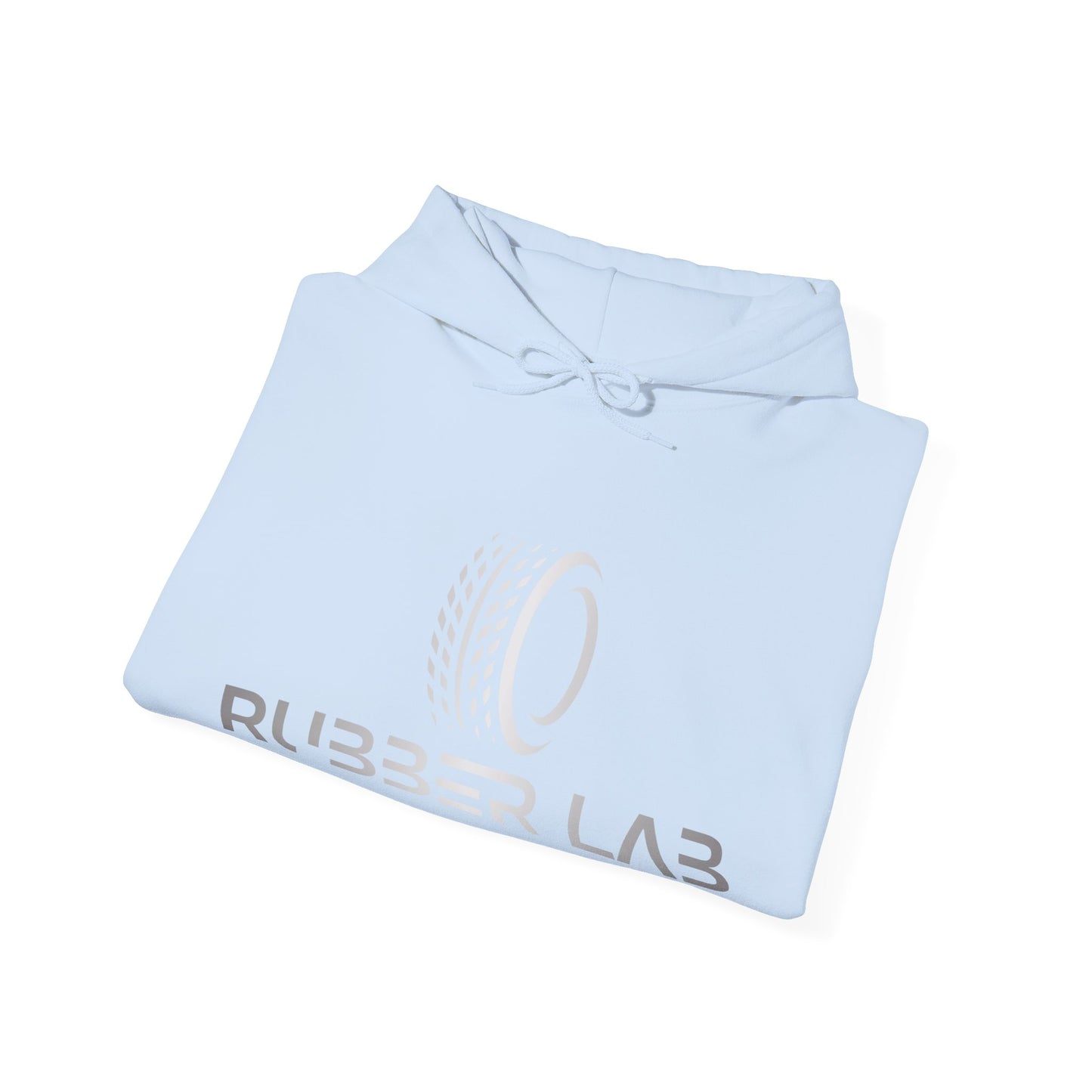 Rubber Lab Logo Hoodie — Minimalist White Graphic Pullover with Sleeve Branding