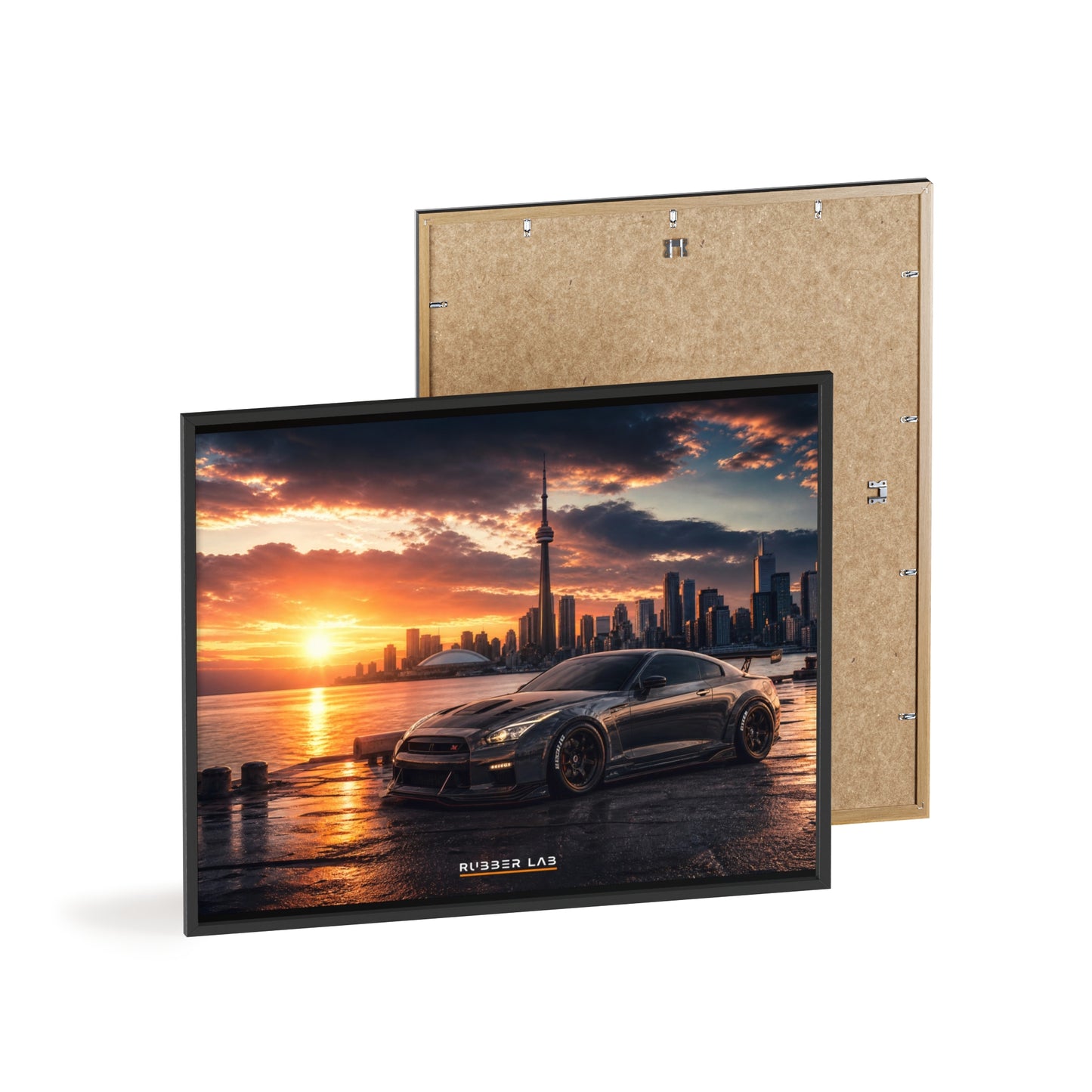Sunset Skyline Sports Car Poster with Wooden Frame