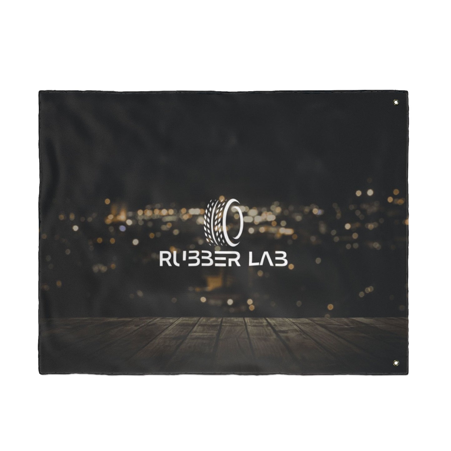 Double-Sided Logo Flag — Rubber Lab Night Skyline Outdoor Banner