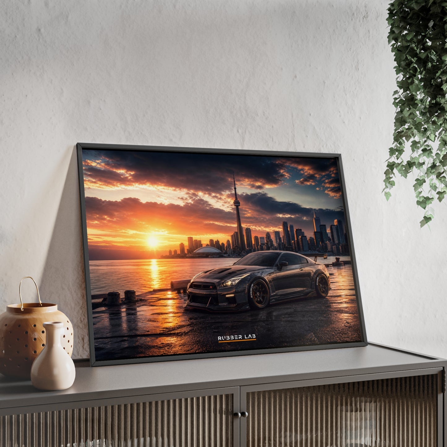 Sunset Skyline Sports Car Poster with Wooden Frame