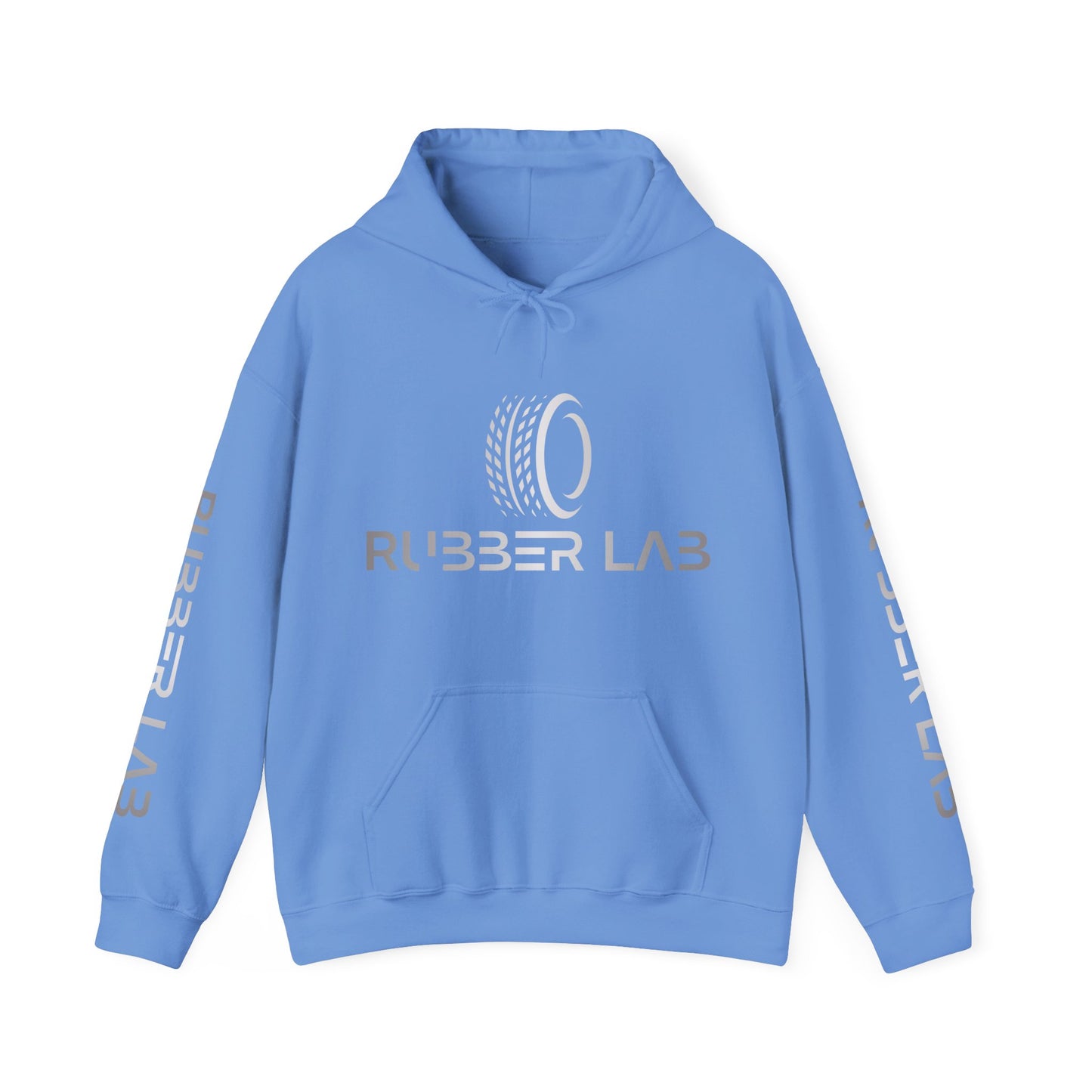 Rubber Lab Logo Hoodie — Minimalist White Graphic Pullover with Sleeve Branding