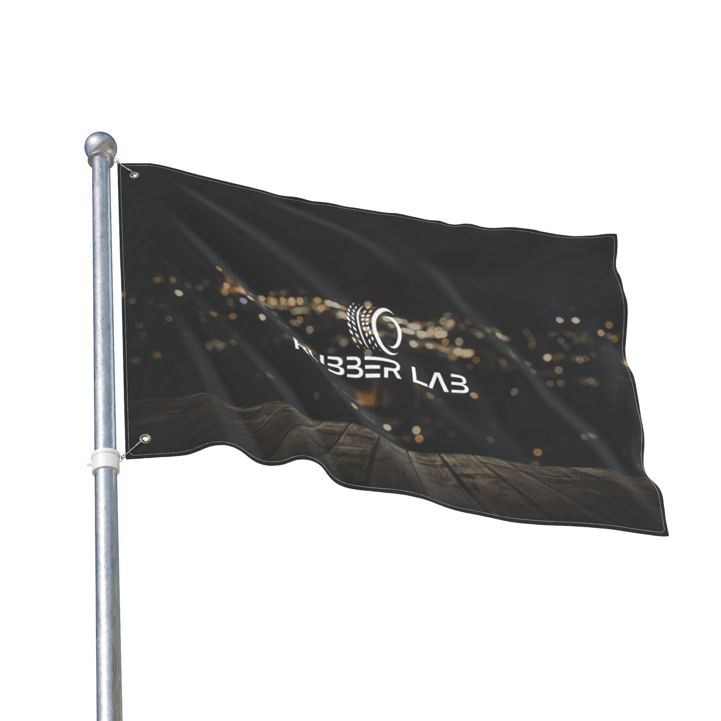 Double-Sided Logo Flag — Rubber Lab Night Skyline Outdoor Banner