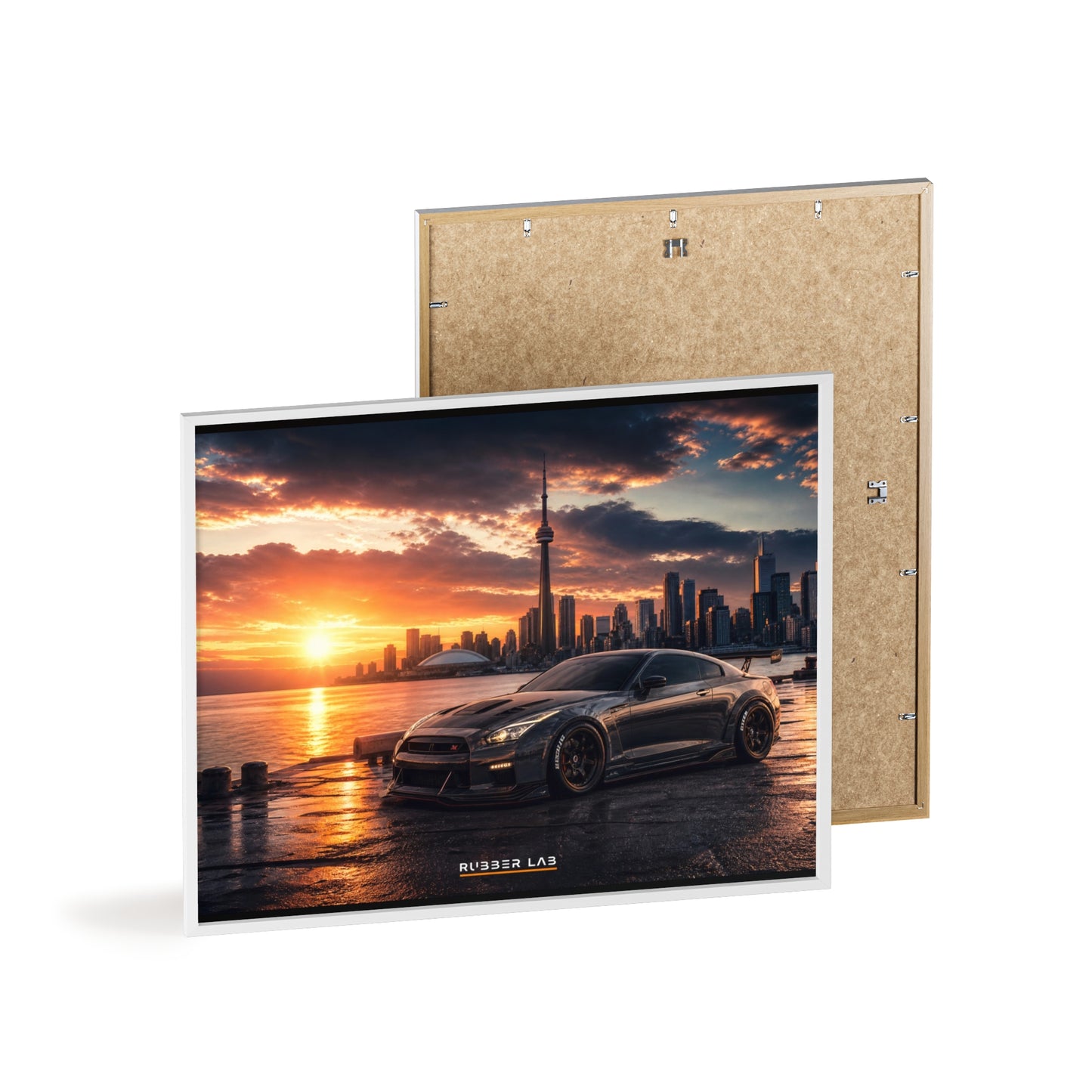 Sunset Skyline Sports Car Poster with Wooden Frame