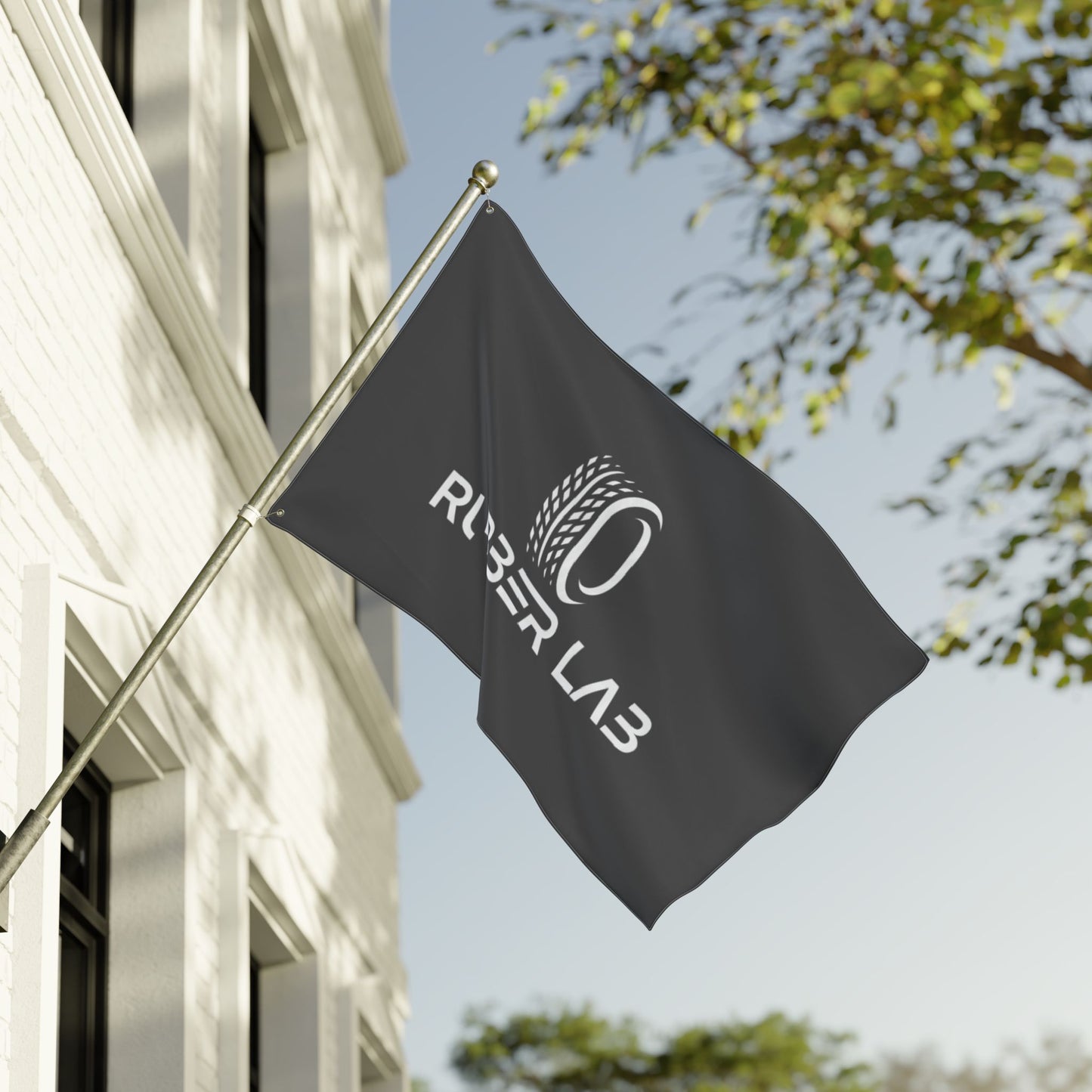 Garage Flag – Double-Sided 'Rubber Lab' Tire Logo Banner