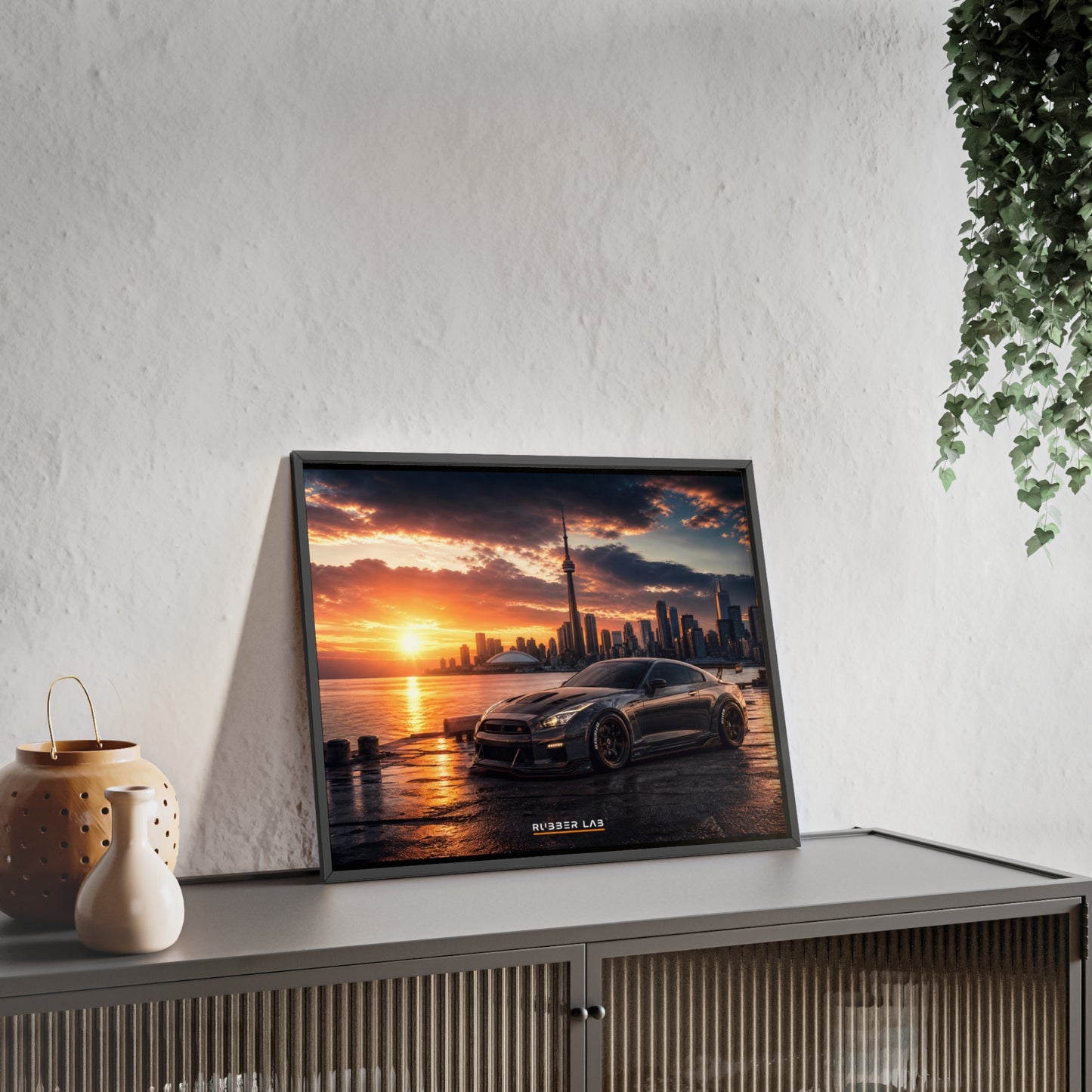 Sunset Skyline Sports Car Poster with Wooden Frame